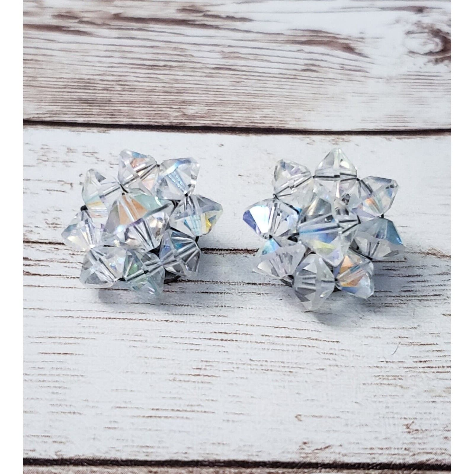 Vintage Clip On Earrings - Clear Beads with Rainbow Shimmer