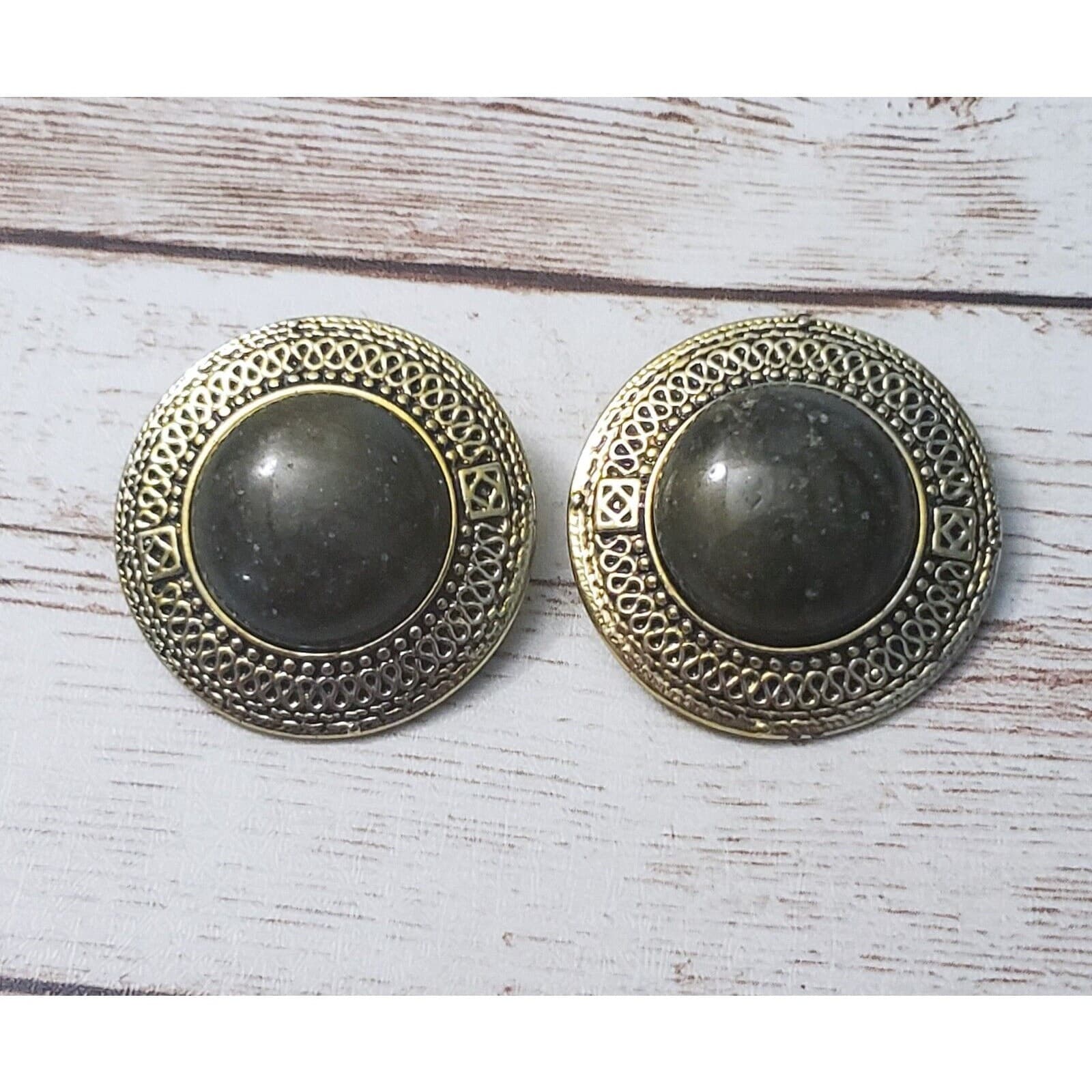 Vintage Clip On Earrings 1.25" Large Statement Green & Gold Tone Circle