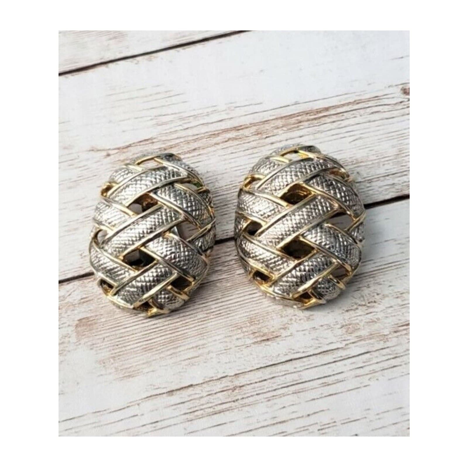 Vintage Clip On Earrings Gold & Silver Woven Oval Statement Just Over 1.5"