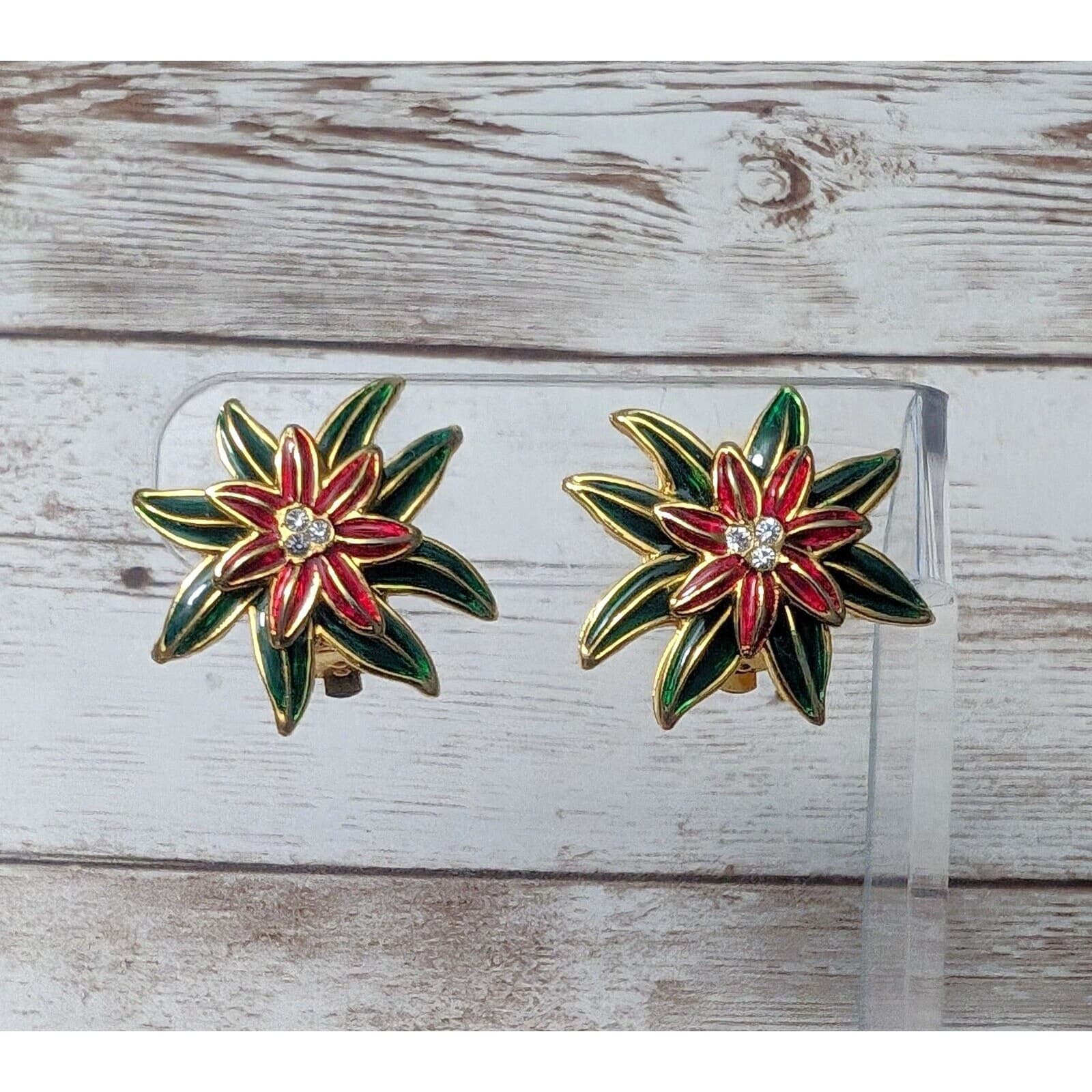 Vintage Clip On Earrings - Green & Red Flower - Statement