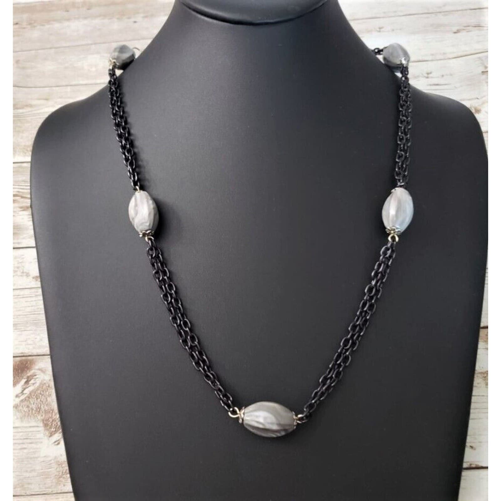 Vintage Necklace - Unusual Black Double Chain with Gray Beads