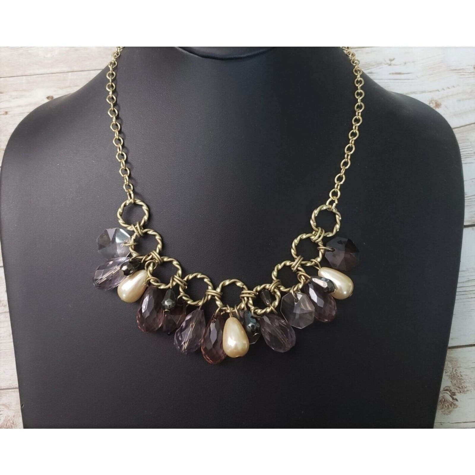 Vintage Necklace Purple Tone & Faux Pearl Dangles