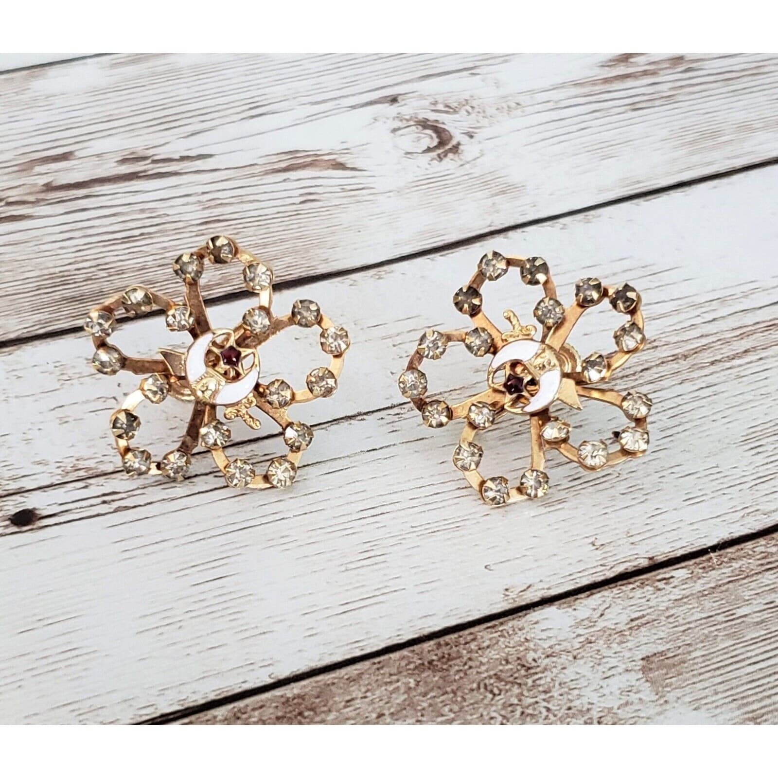 Vintage Screw On Earrings Large Statement Flower Shape with Moon