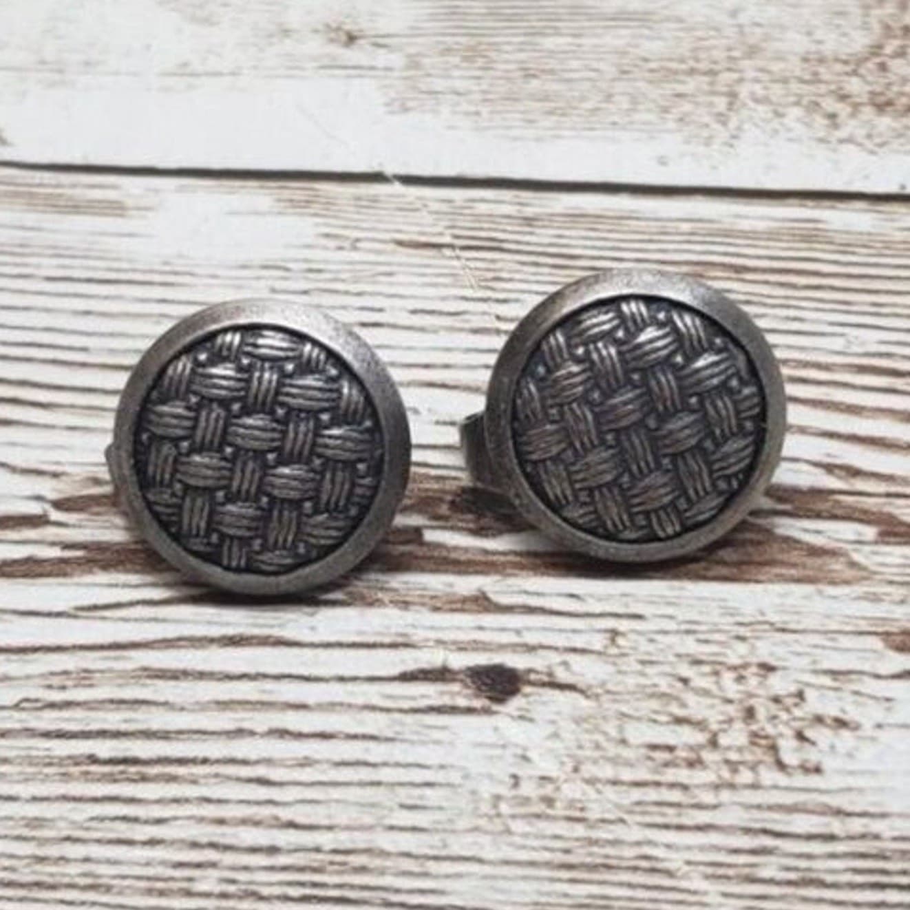 Vintage Clip On Earrings - Dark Silver Tone Cris-Cross Woven Pattern Circle