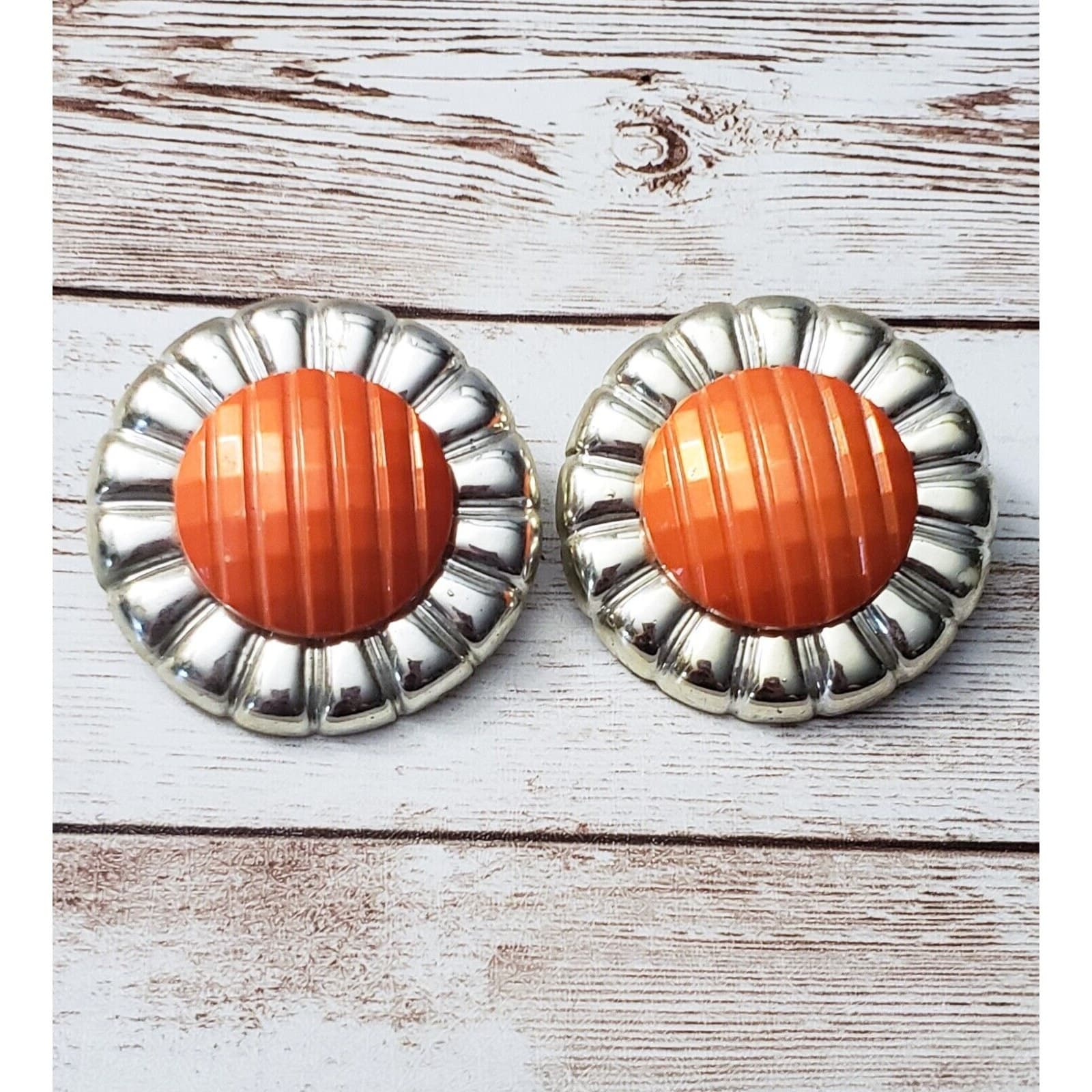 Vintage Clip On Earrings Large Statement Unusual Orange & Light Gold Tone