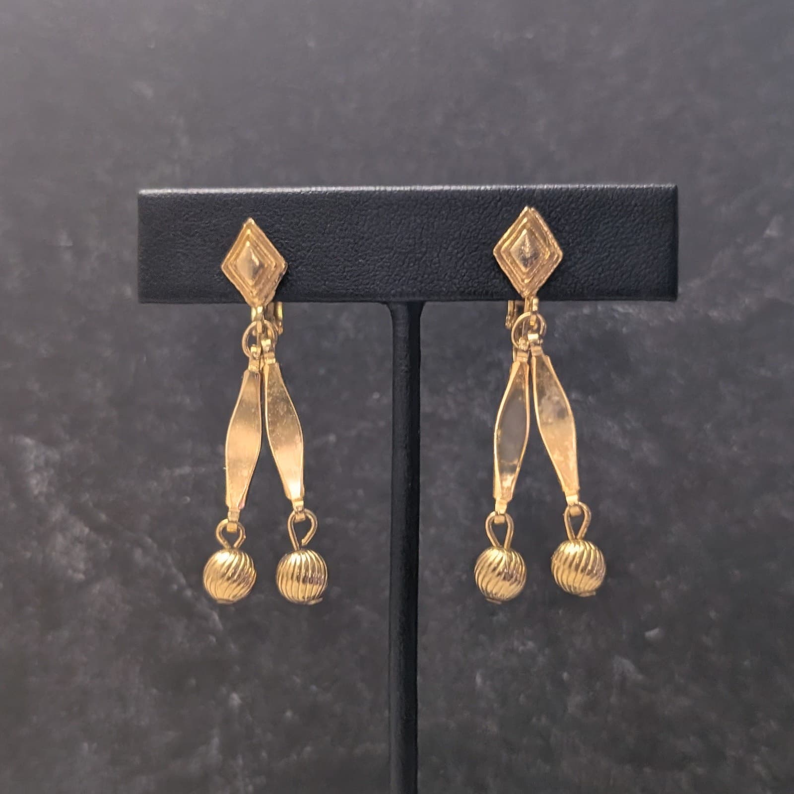 Vintage Clip On Earrings Stunning Gold Tone 1.75" Stylish Drop Dangle