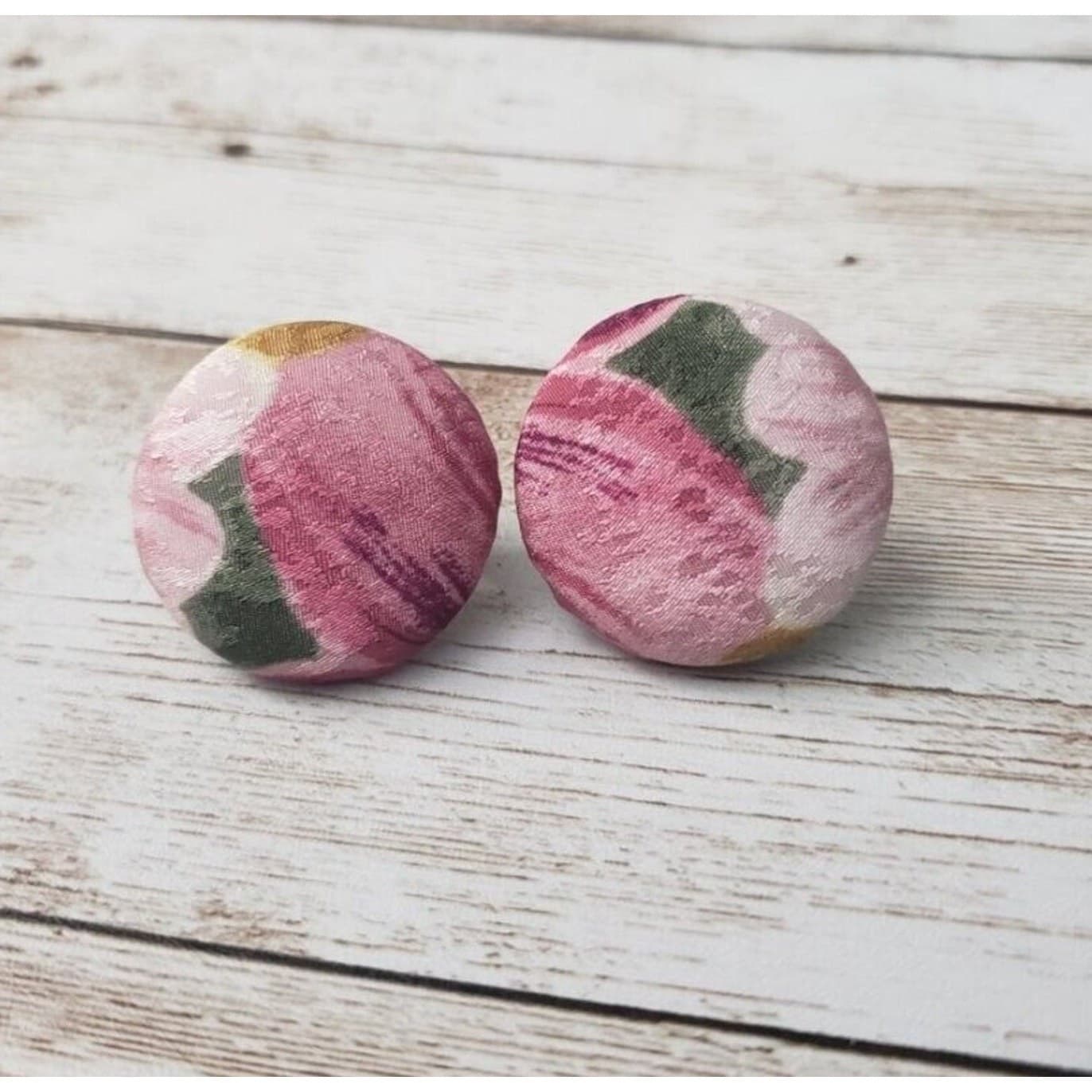 Vintage Clip On Earrings- Pink Floral Fabric Circle 1 & 1/8"