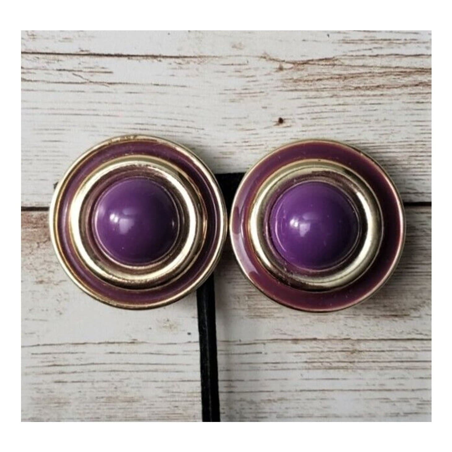 Vintage Clip On Earrings Purple & Gold Tone Layered Circle Statement
