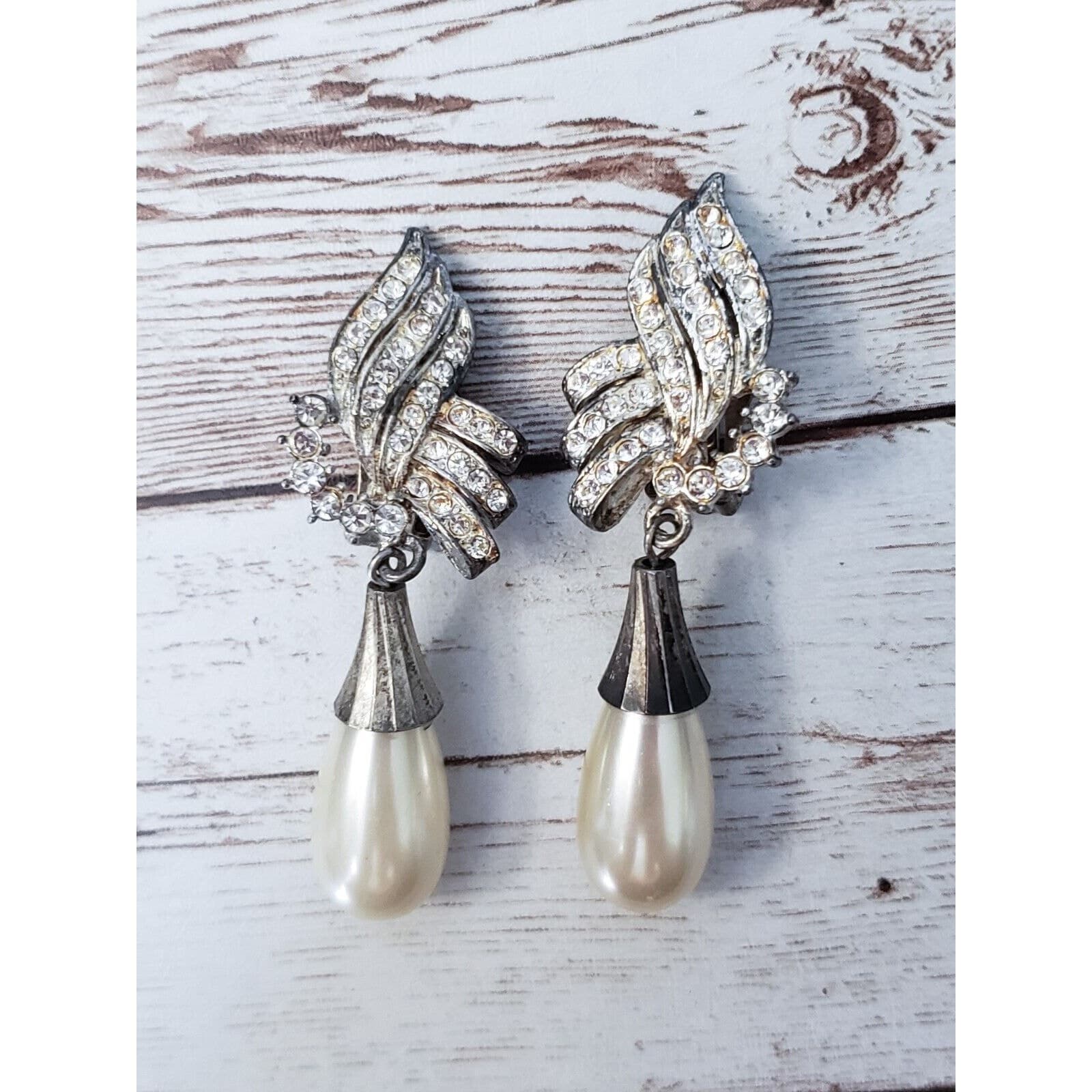 Vintage Clip On Earrings Extra Large Faux Pearl & Clear Gem Statement Dangle
