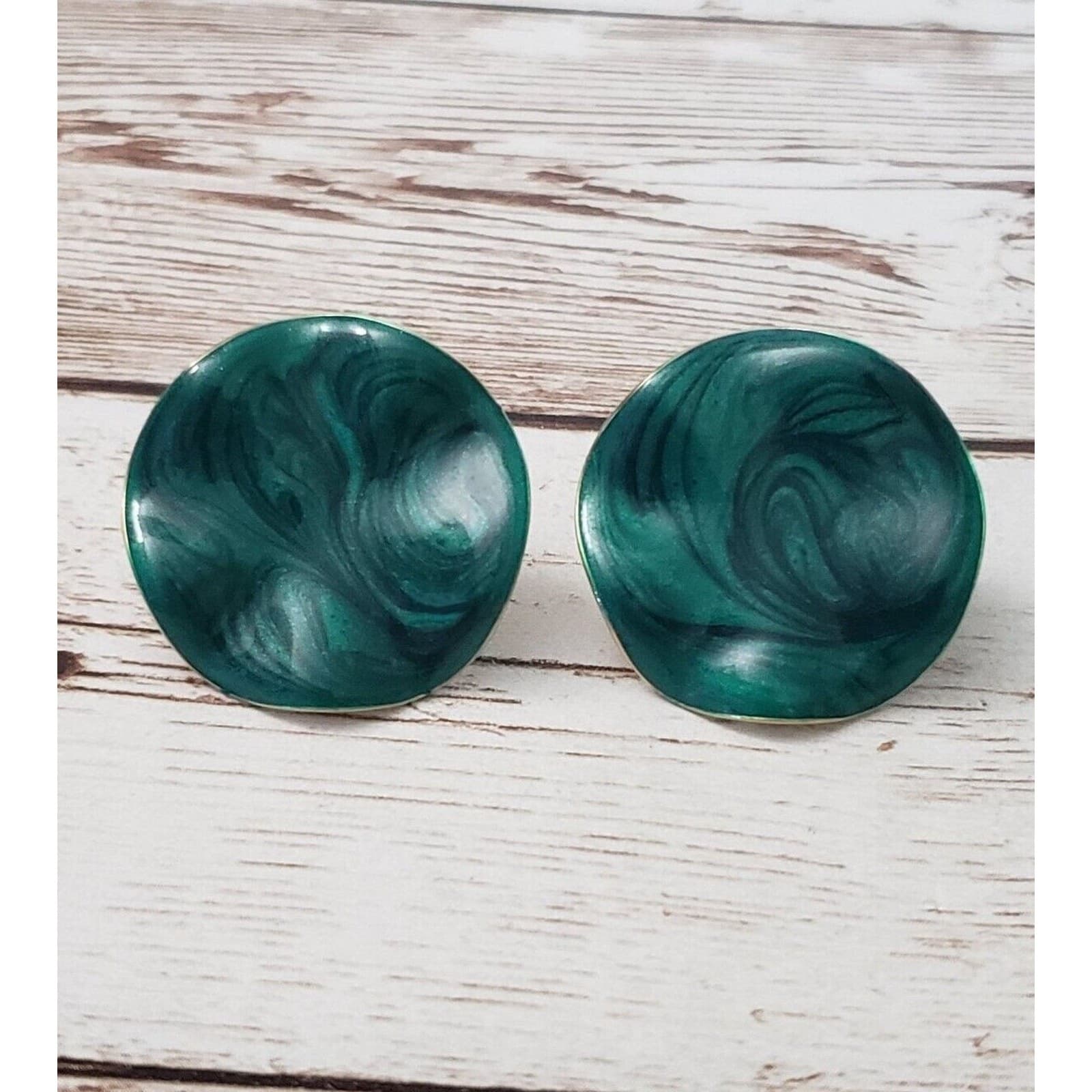 Vintage Clip On Earrings - Green Wavy Circle 1" - Statement