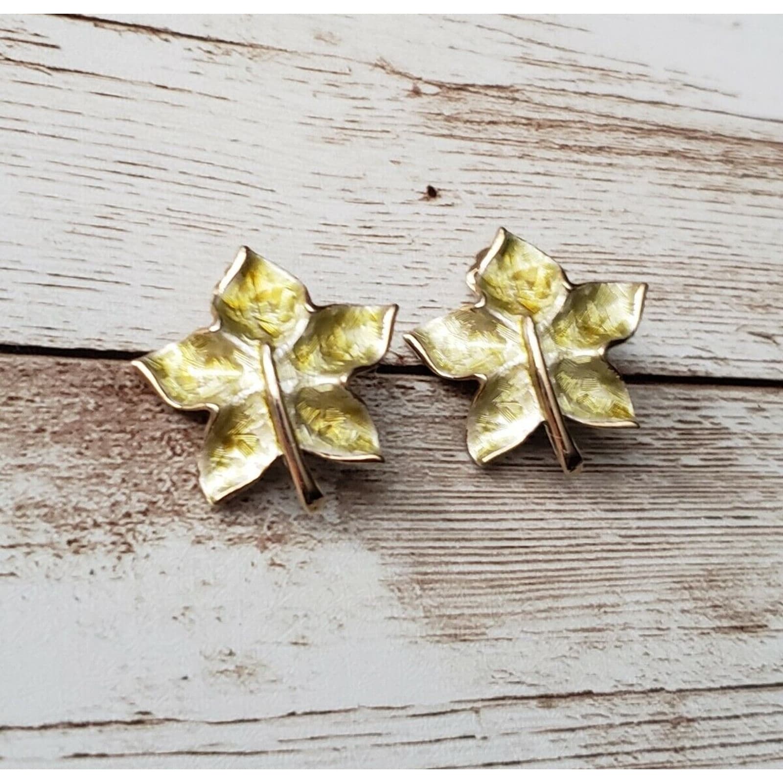 Vintage Clip On Earrings - Light Green & Gold Tone Leaf Fall Theme