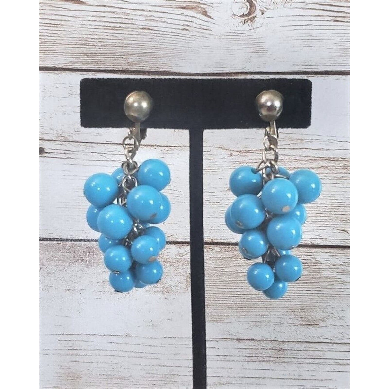Vintage Clip On Earrings Bright Blue Balls Dangle Large Statement