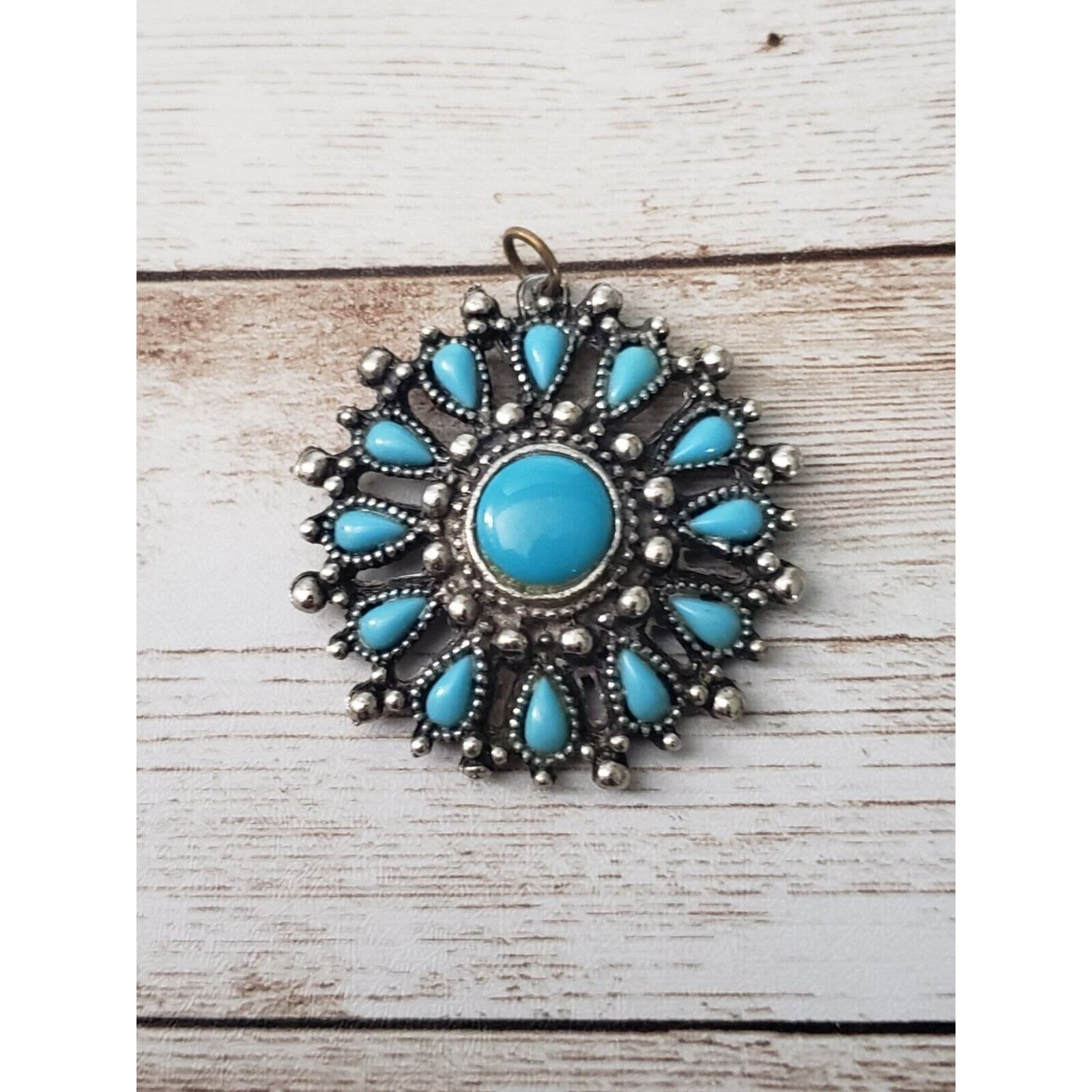 Vintage Pendant Silver Tone & Turquoise Tone 1.5" - No Chain Included