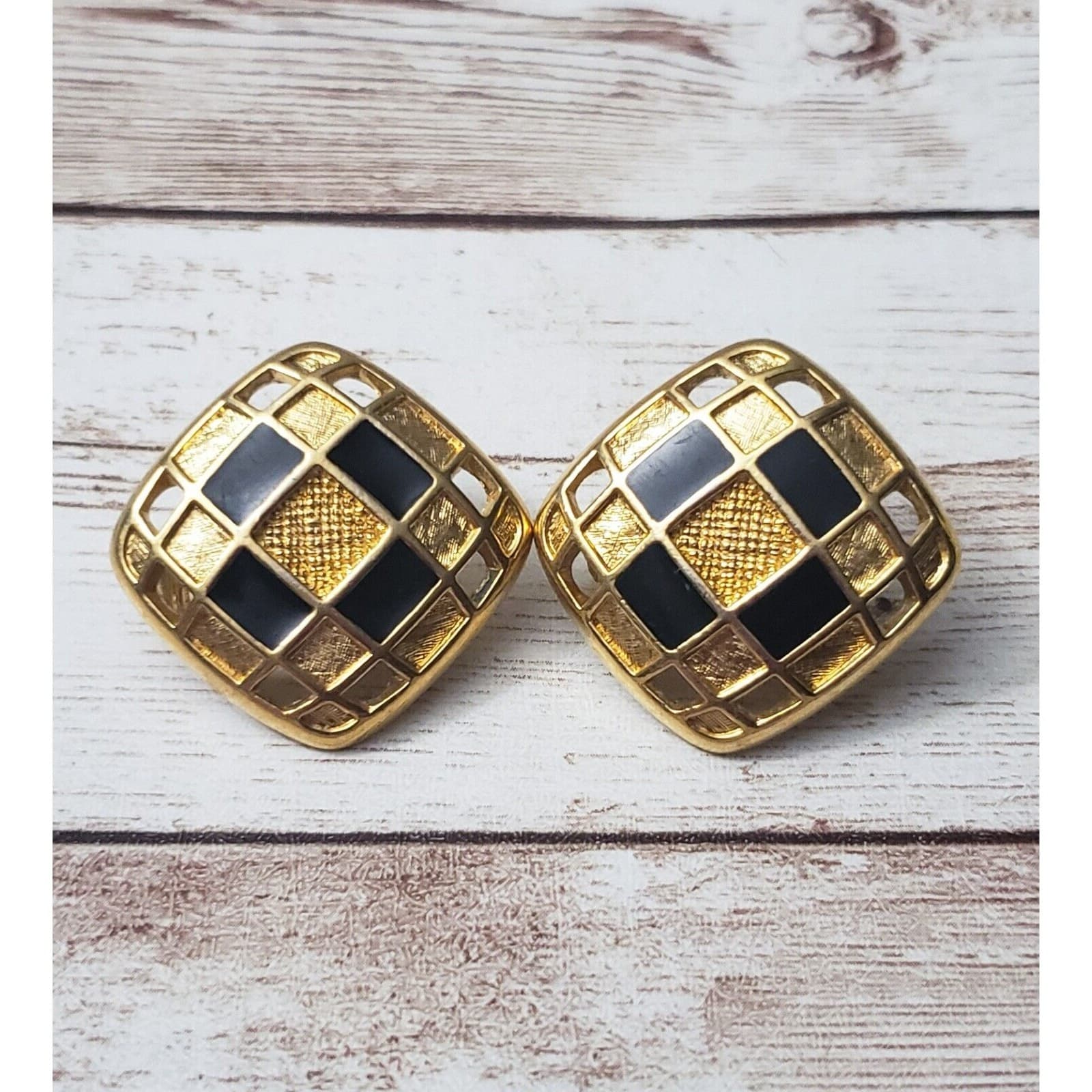 Vintage Clip On Earrings - Statement Diamond Shape Gold Tone & Black Large
