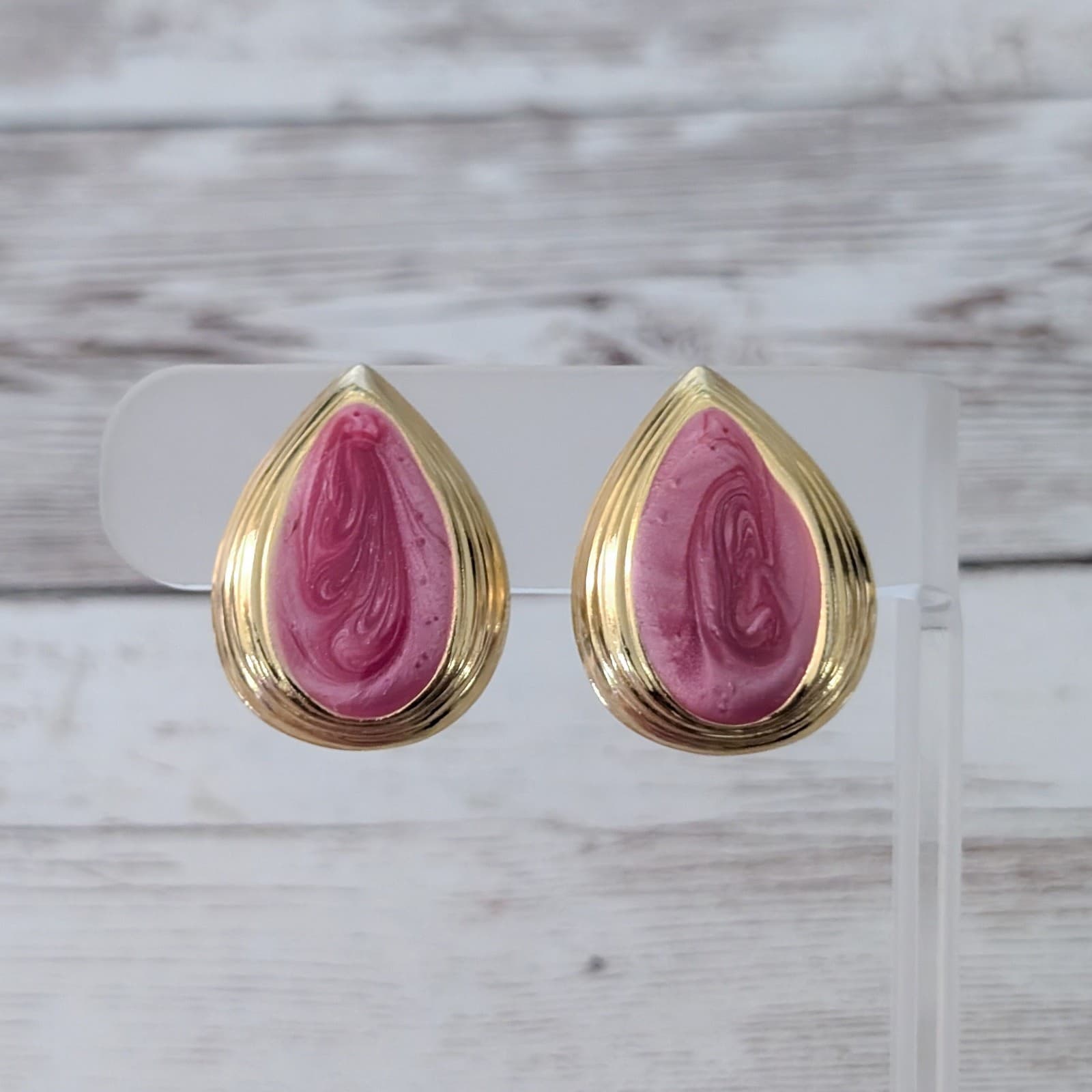 Vintage Clip On Earrings Red & Gold Tone Teardrop Shape Statement