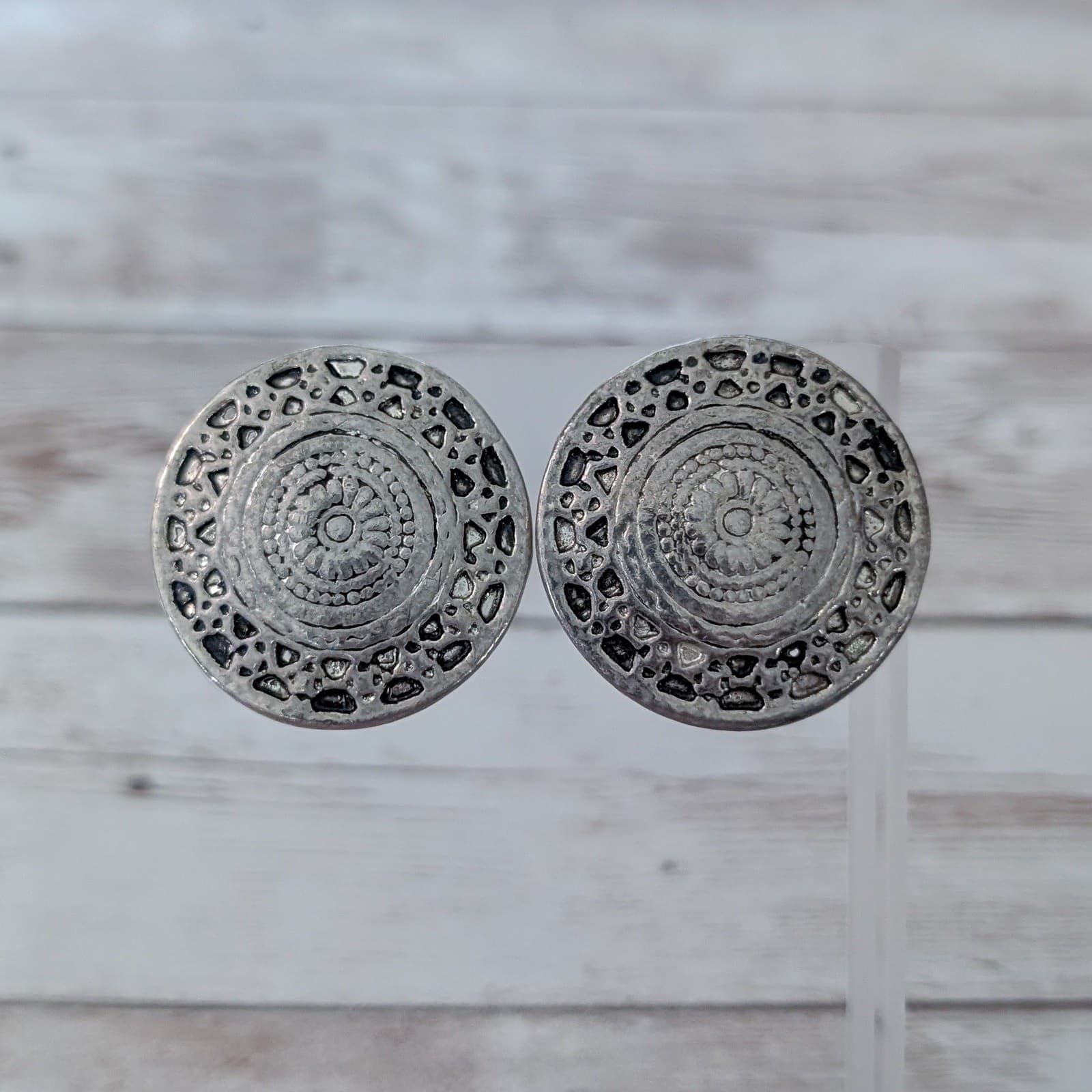Vintage Clip On Earrings Very Large Ornate Silver Tone Statement