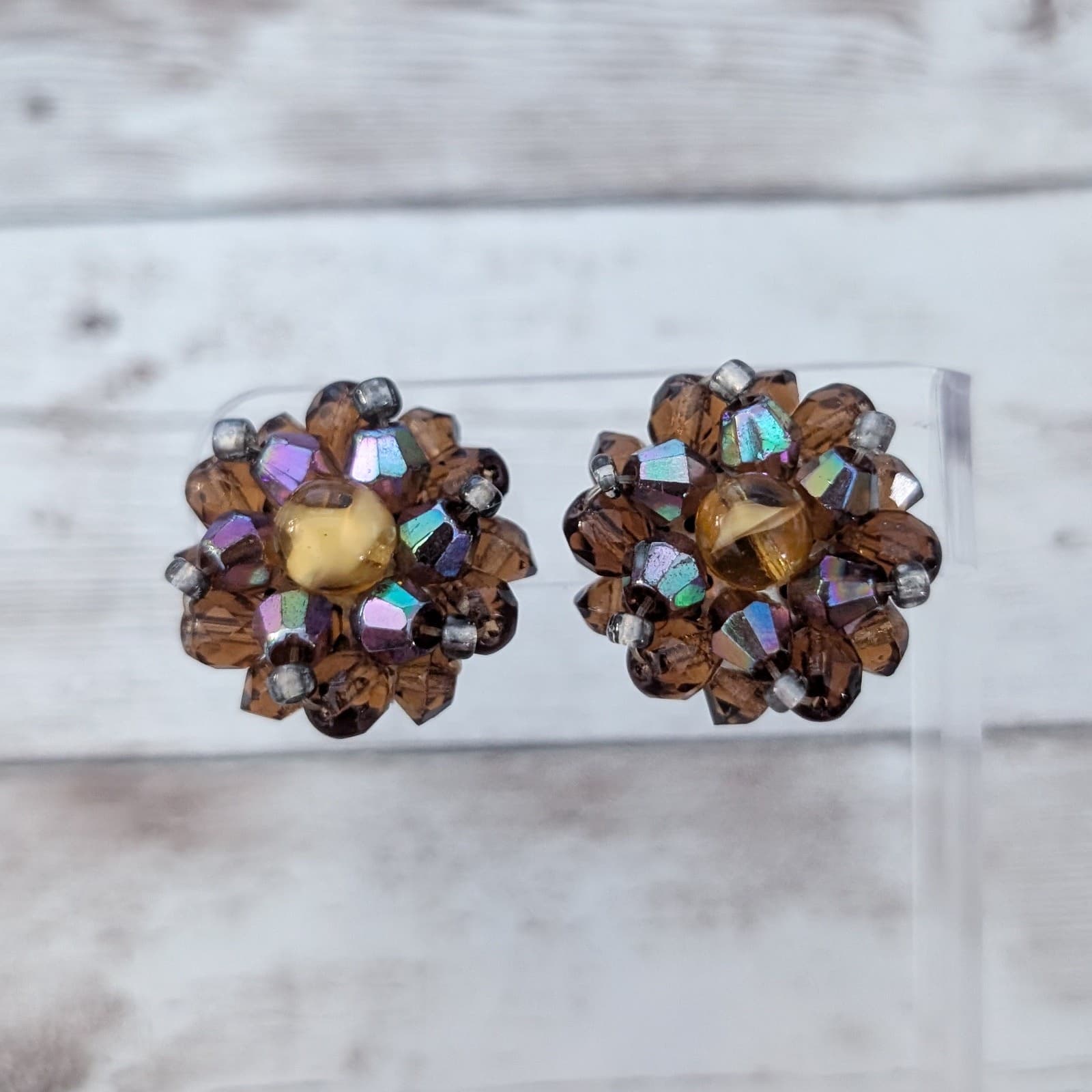 Vintage Clip On Earrings Dark Brown/Amber Tone and Iridescent Cluster
