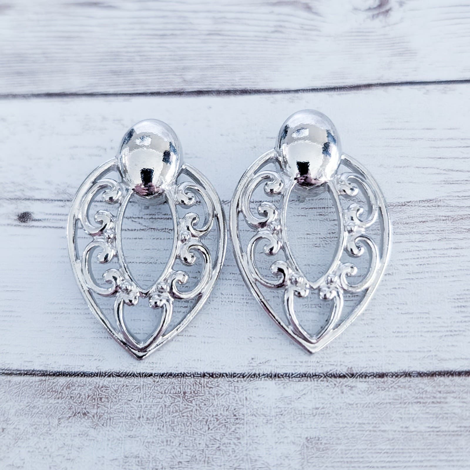 Vintage Clip On Earrings Stunning Large Statement Ornate Silver Tone