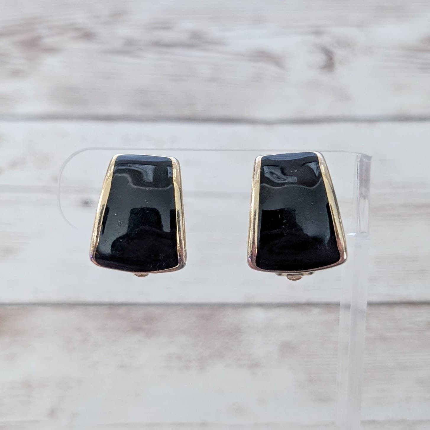 Vintage Clip On Earrings Stylish Statement Chunky Black with Gold Tone