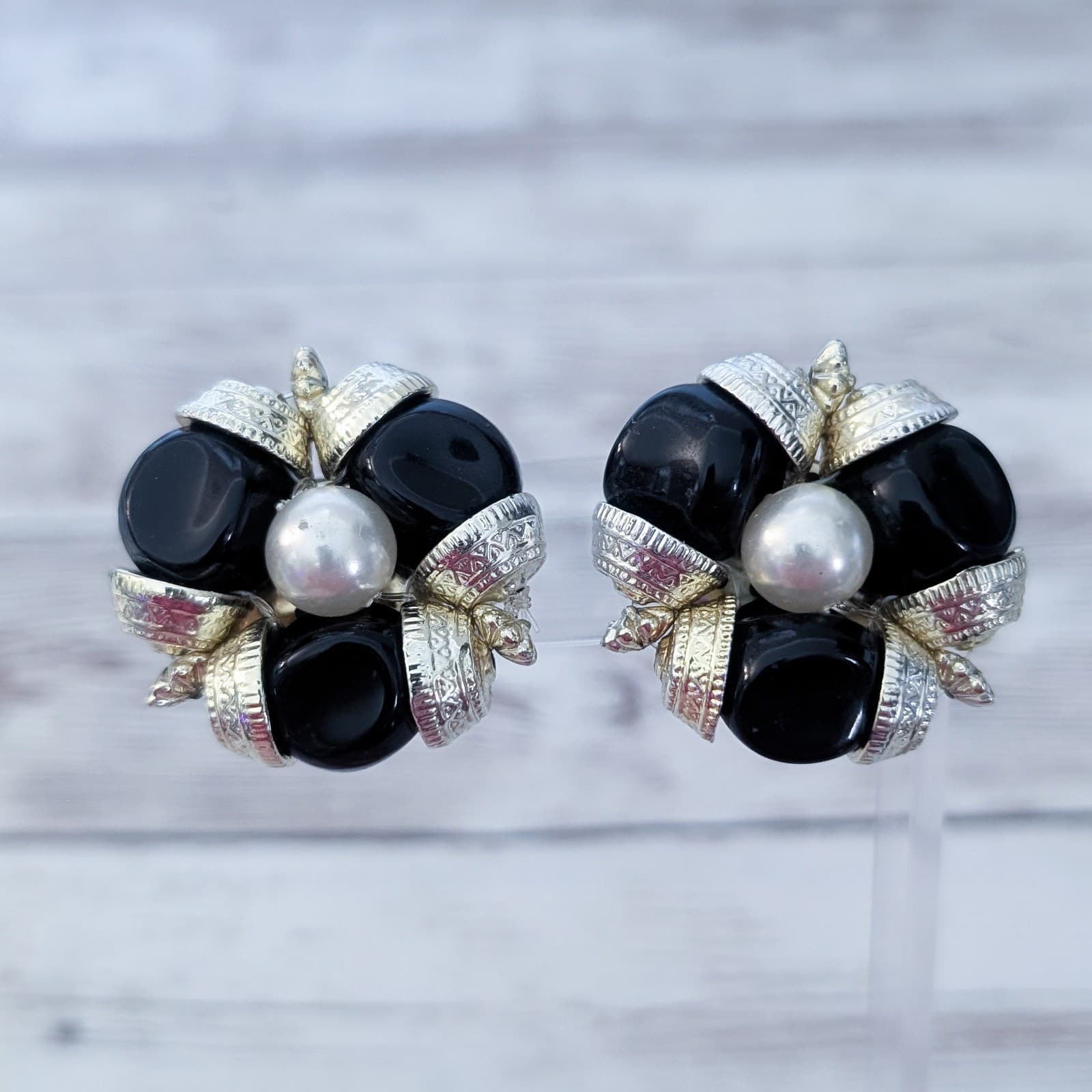 Vintage Clip On Earrings Large Chunky Statement - Faux Pearl, Black