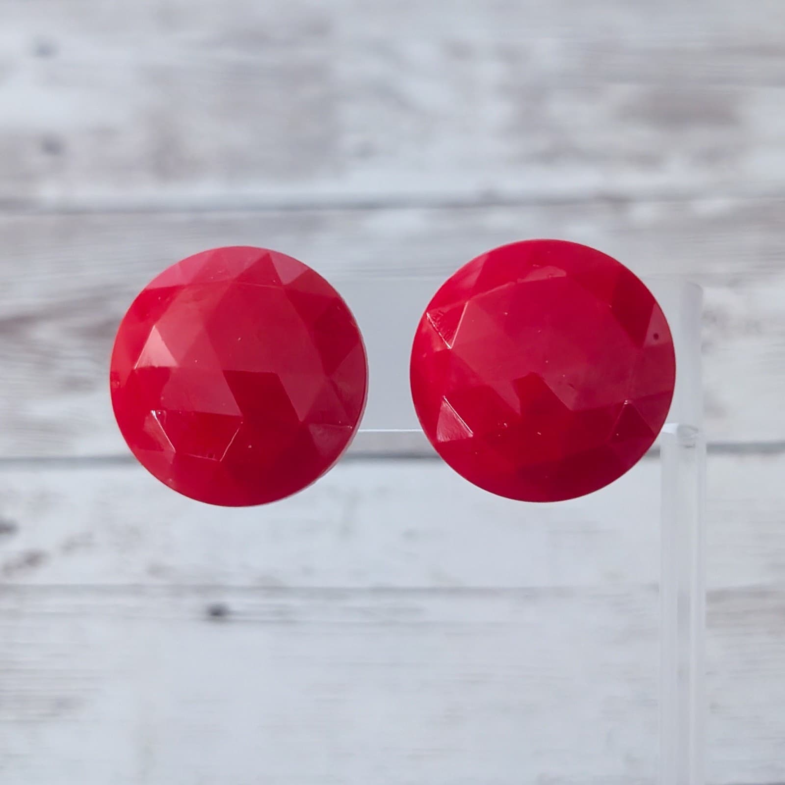 Vintage Screw On Earrings 1" Faceted Red
