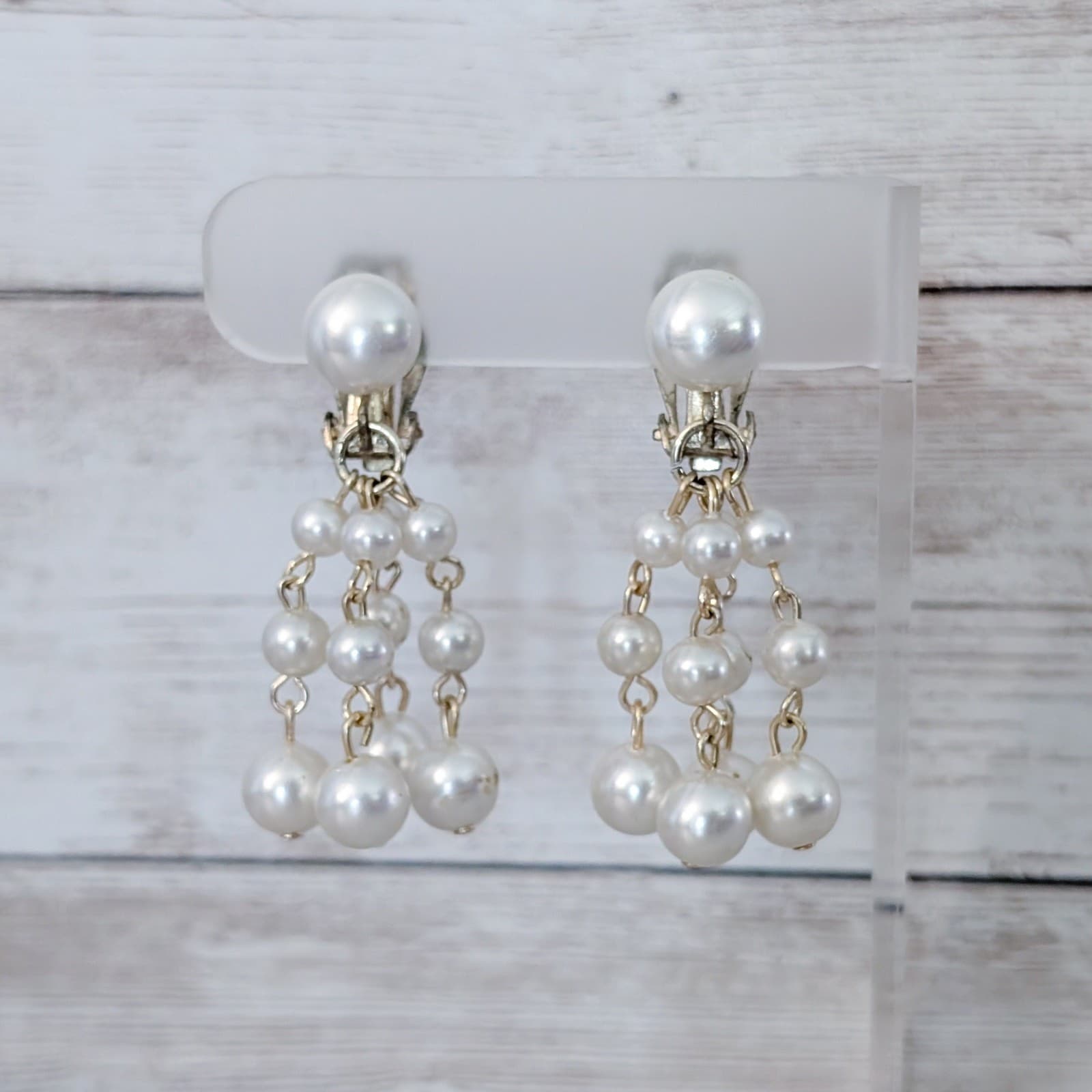 Vintage Clip On Earrings Faux Pearl Multi Strand Dangle Statement