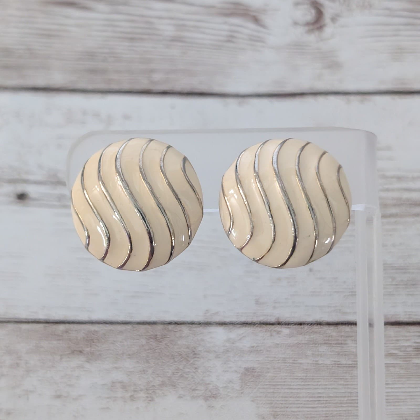 Vintage Clip On Earrings Circle with Cream Enamel & Wavy Lines