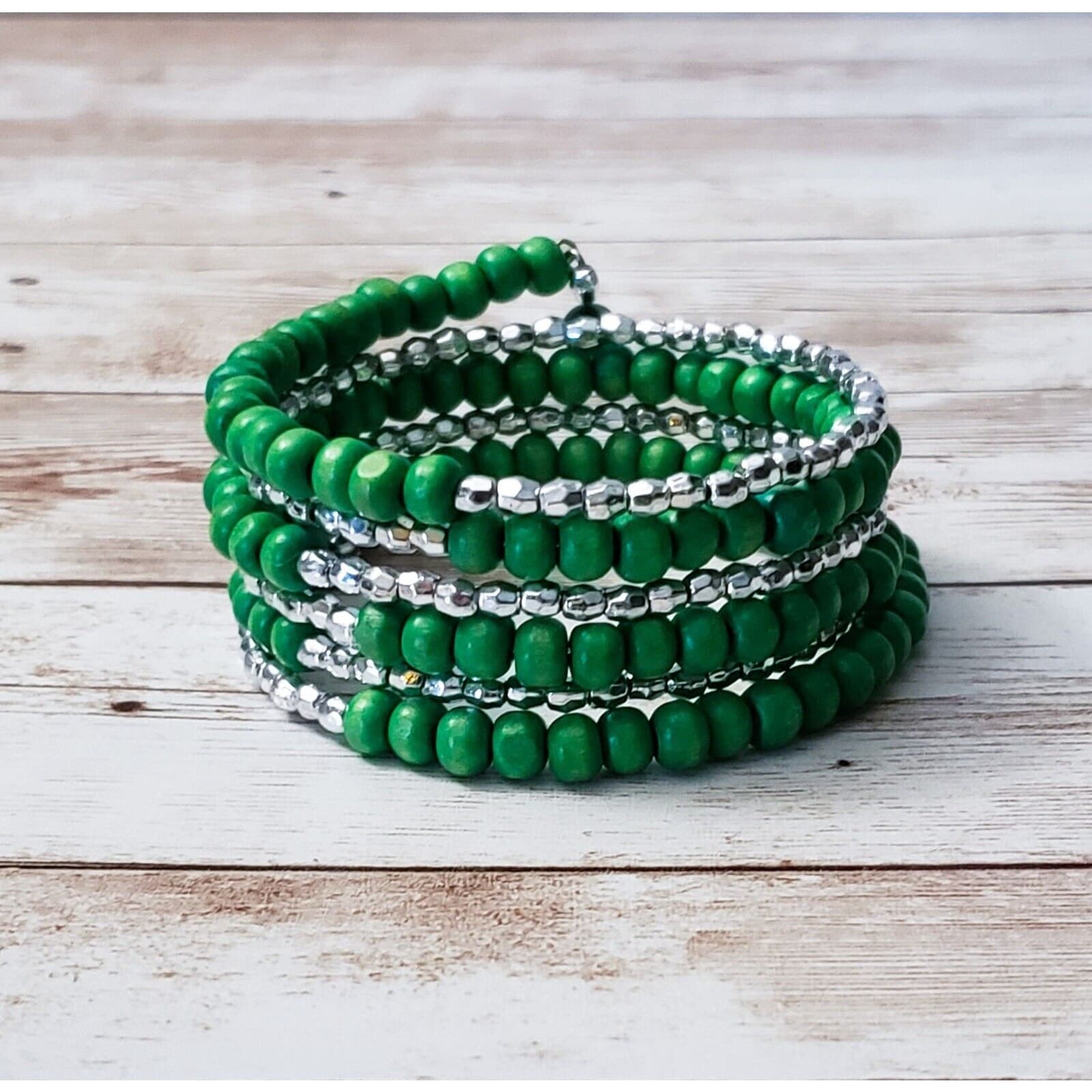 Vintage Wrap Bracelet / Bangle Green & Silver Tone
