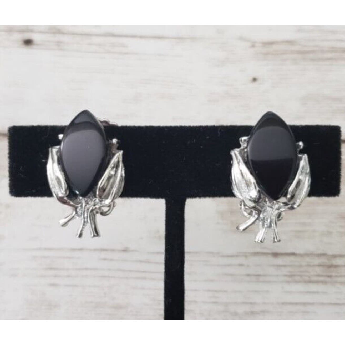 Vintage Clip On Earrings - Stunning Silver Tone & Black Leaf Design Statement