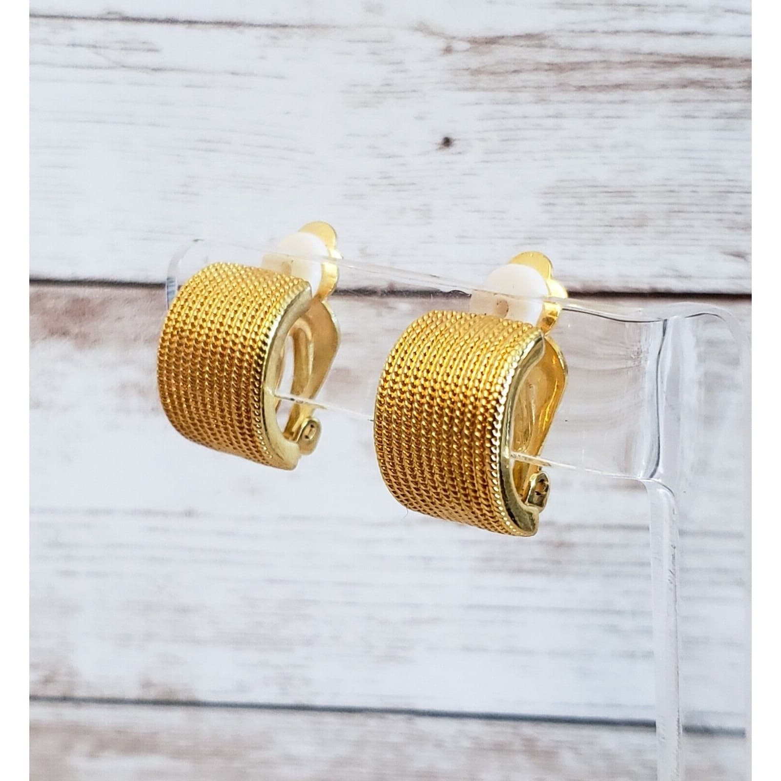 Vintage Clip On Earrings - Stunning Patterned Chunky Hoops Gold Tone