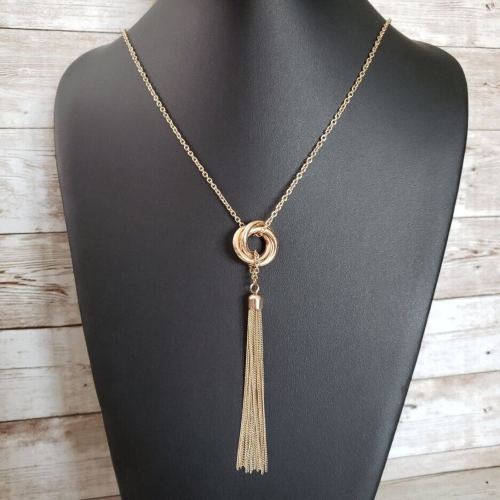 Vintage Necklace Gold Tone Interlocking Circles with Tassel Long Statement
