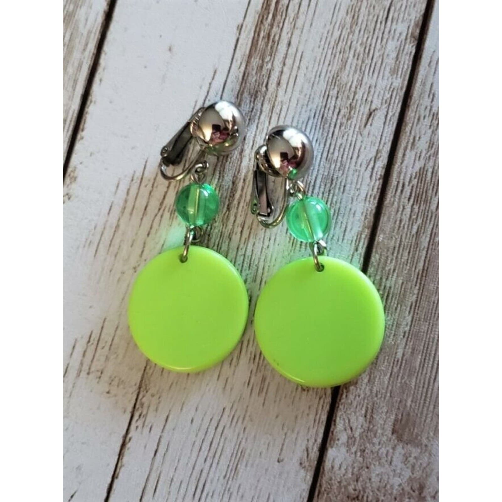 Vintage Clip On Earrings Lime Green Circle with Green Bead Dangle
