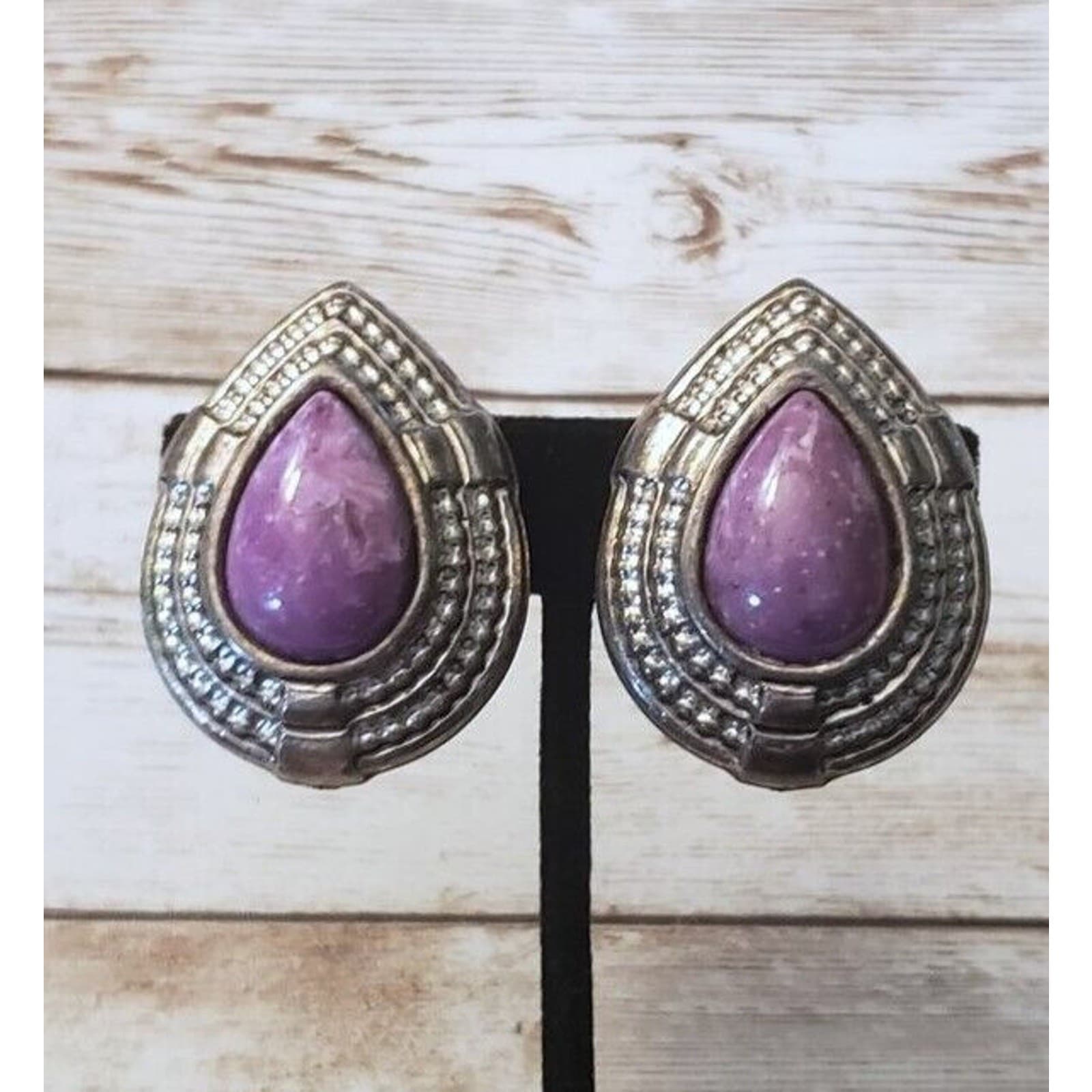 Vintage Clip On Earrings Extra Large Statement Purple & Silver Tone - Tarnished