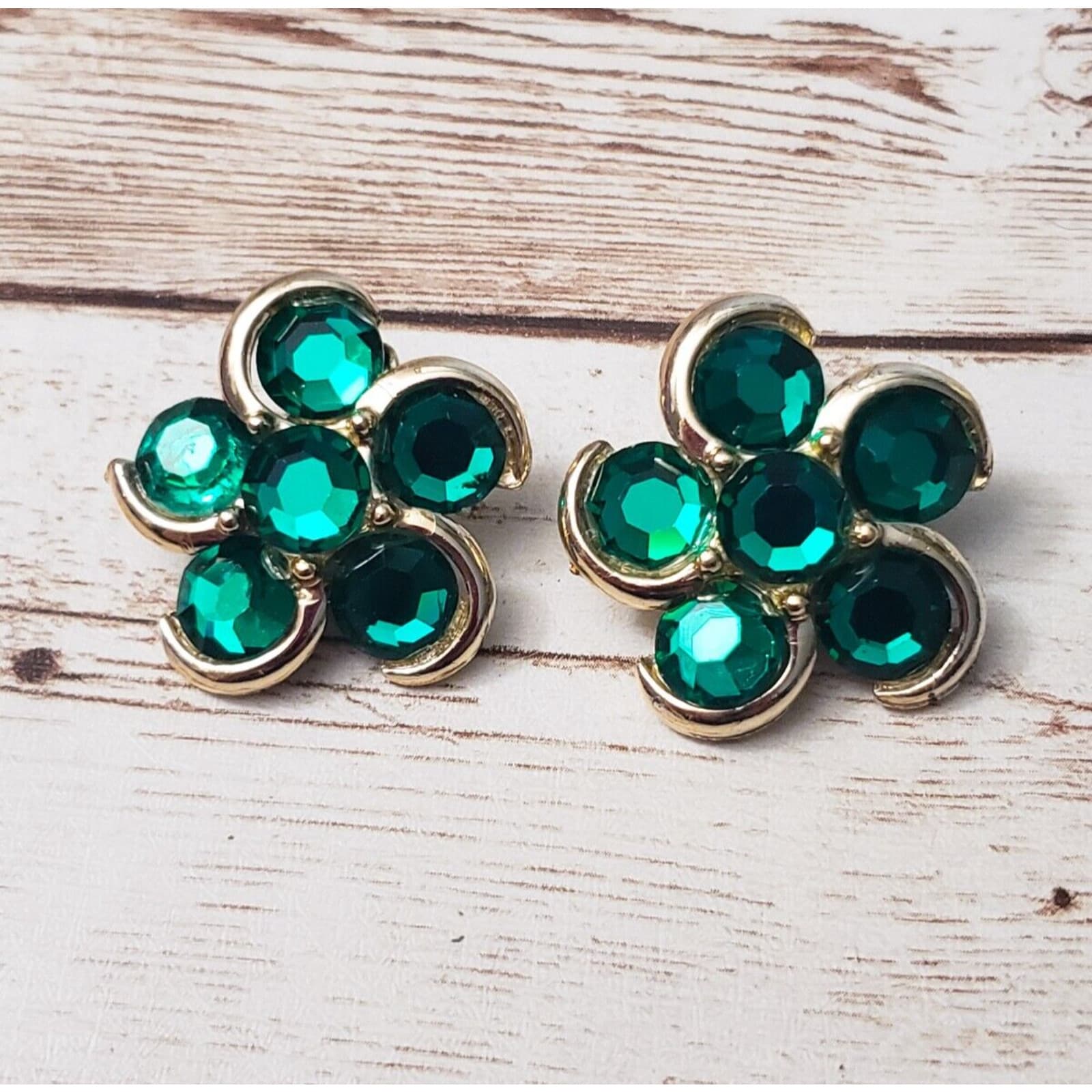 Vintage Clip On Earrings Large Green Gem Flower Statement 1 & 1/8"