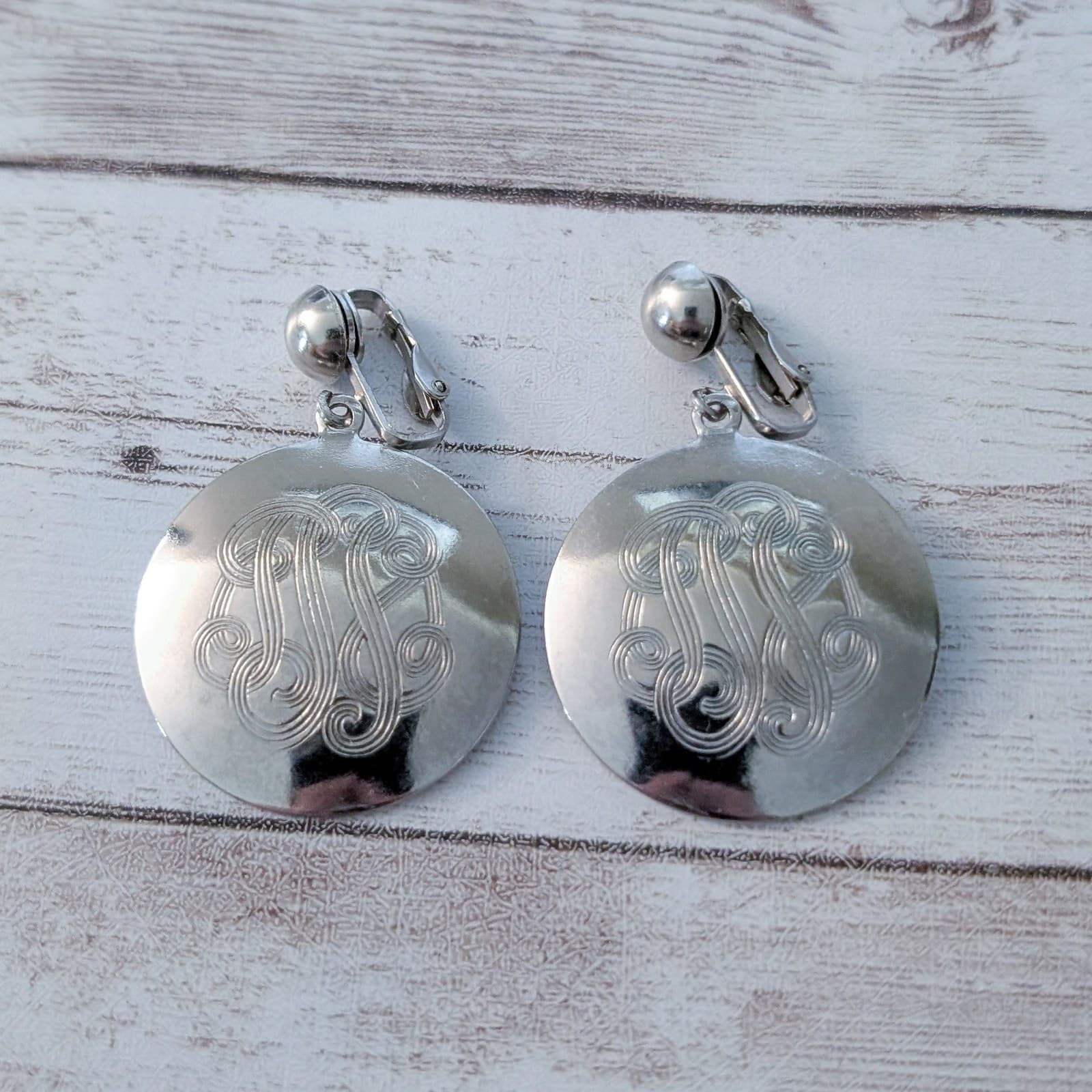 Vintage Clip On Earrings Very Large Silver Tone Dangle with Engraved Design