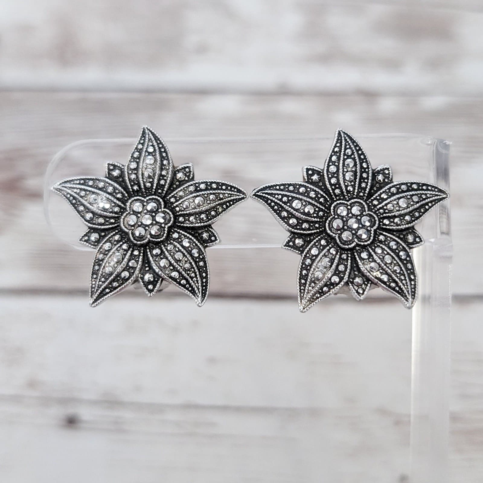 Vintage Clip On Earrings Silver Tone Ornate Flower 1"