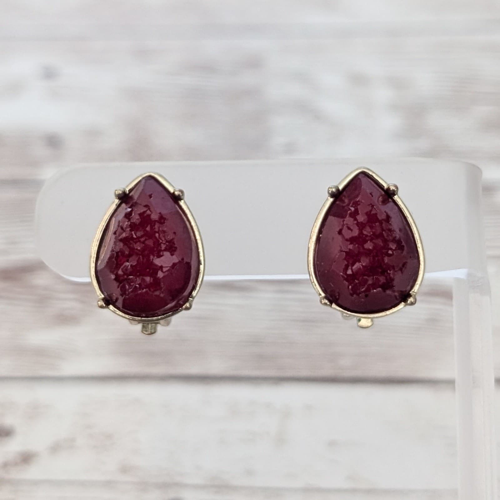 Vintage Clip On Earrings Dark Red Teardrop Shape Gold Tone Halo