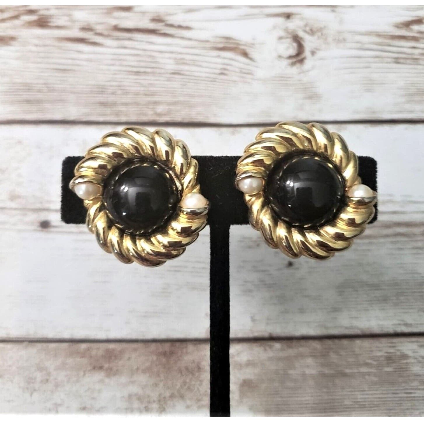 Vintage Clip On Earrings Black Center, Gold Tone & Faux Pearl Large Statement