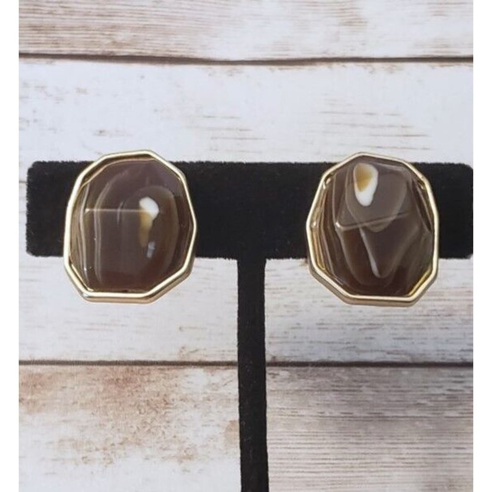Vintage Clip On Earrings - Stunning Brown & Gold Tone Unusual Statement