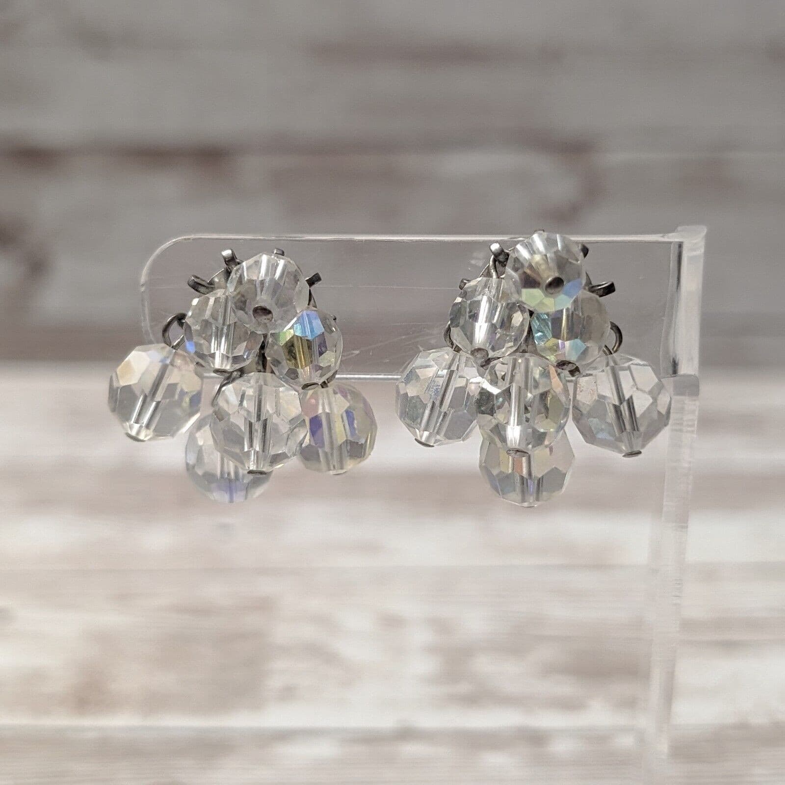 Vintage Clip On Earrings - Iridescent Cluster Dangle