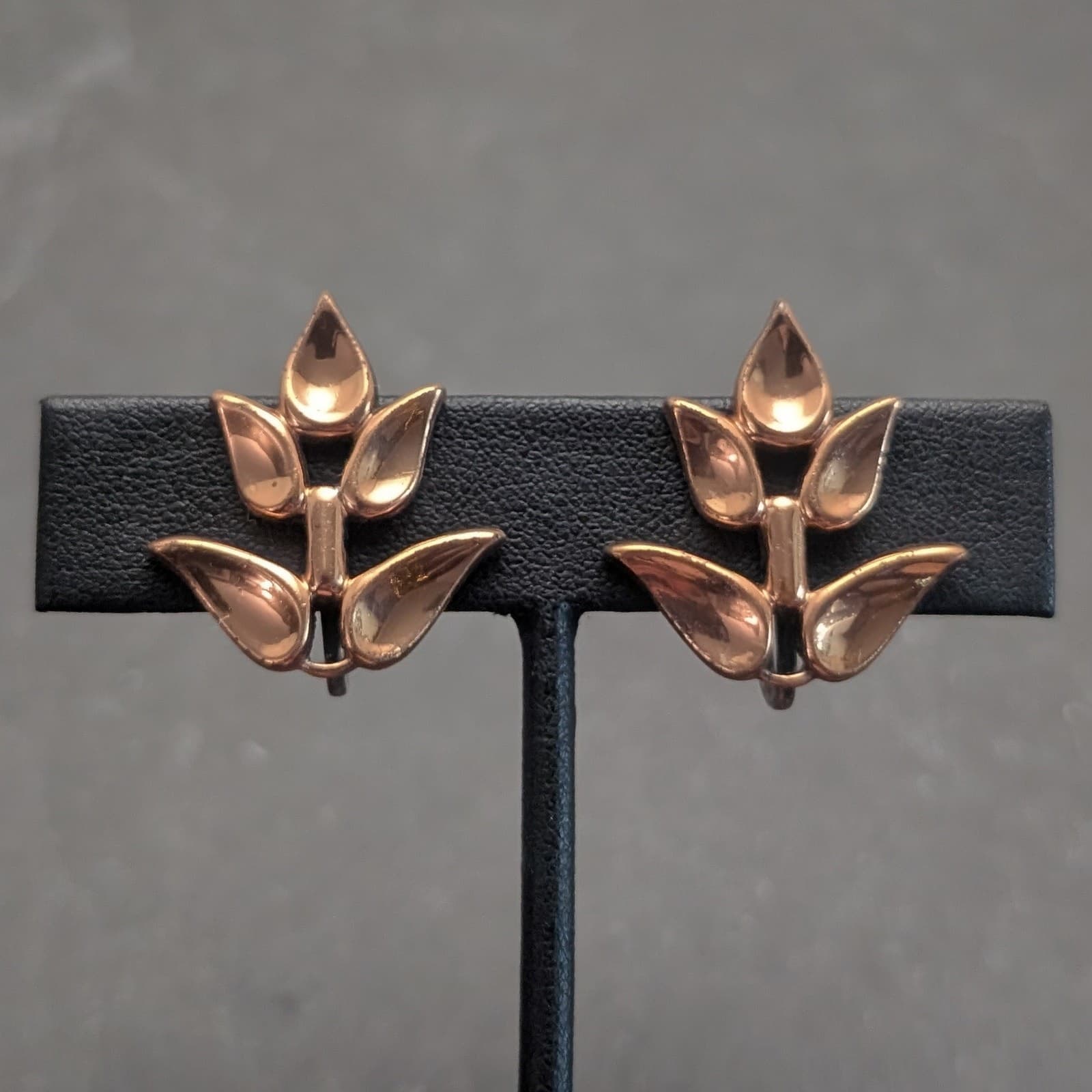 Vintage Screw On Earrings Copper Tone Leaves on Branch - Fall Autumn Theme