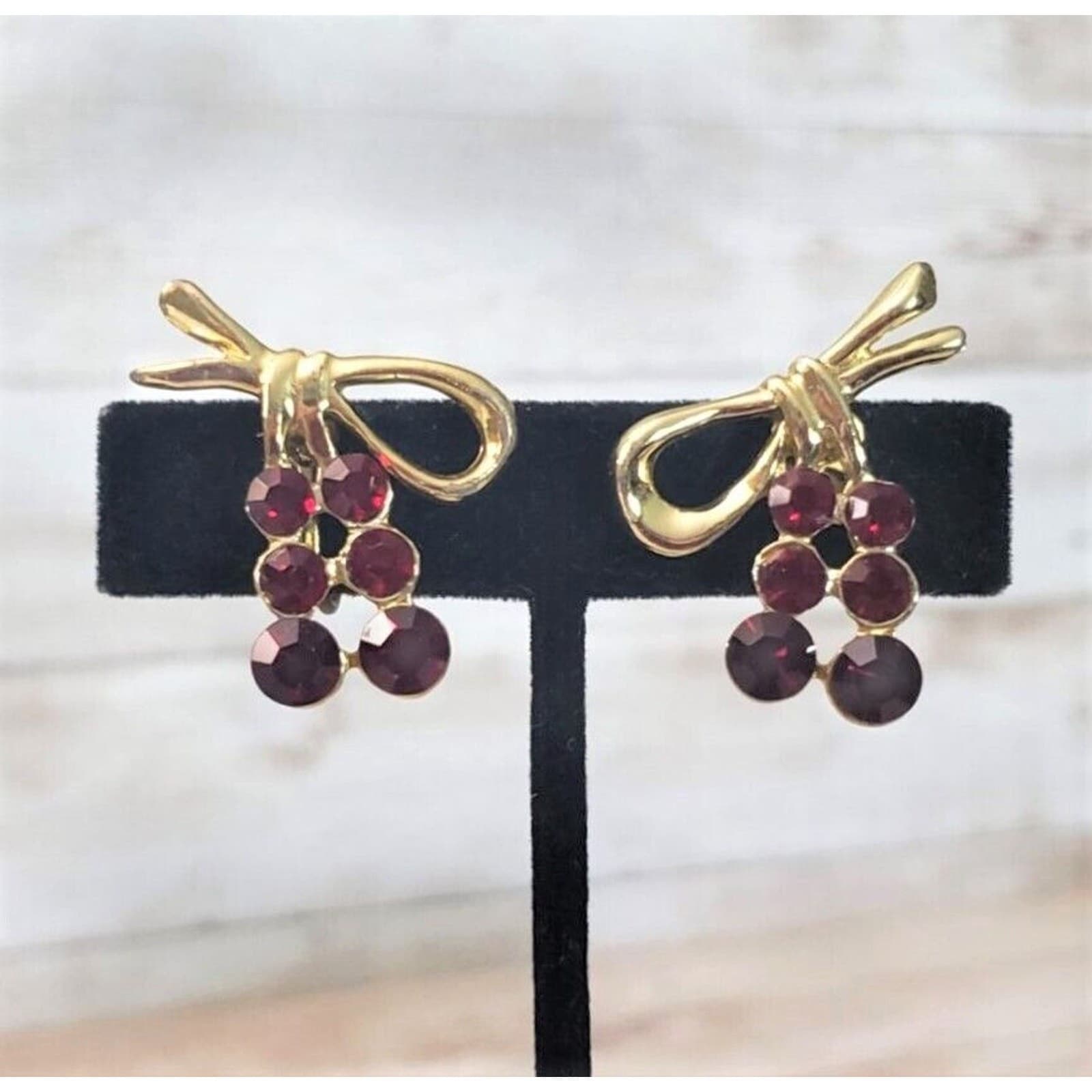 Vintage Clip On Earrings Gold Tone with Red Gems Statement Earrings