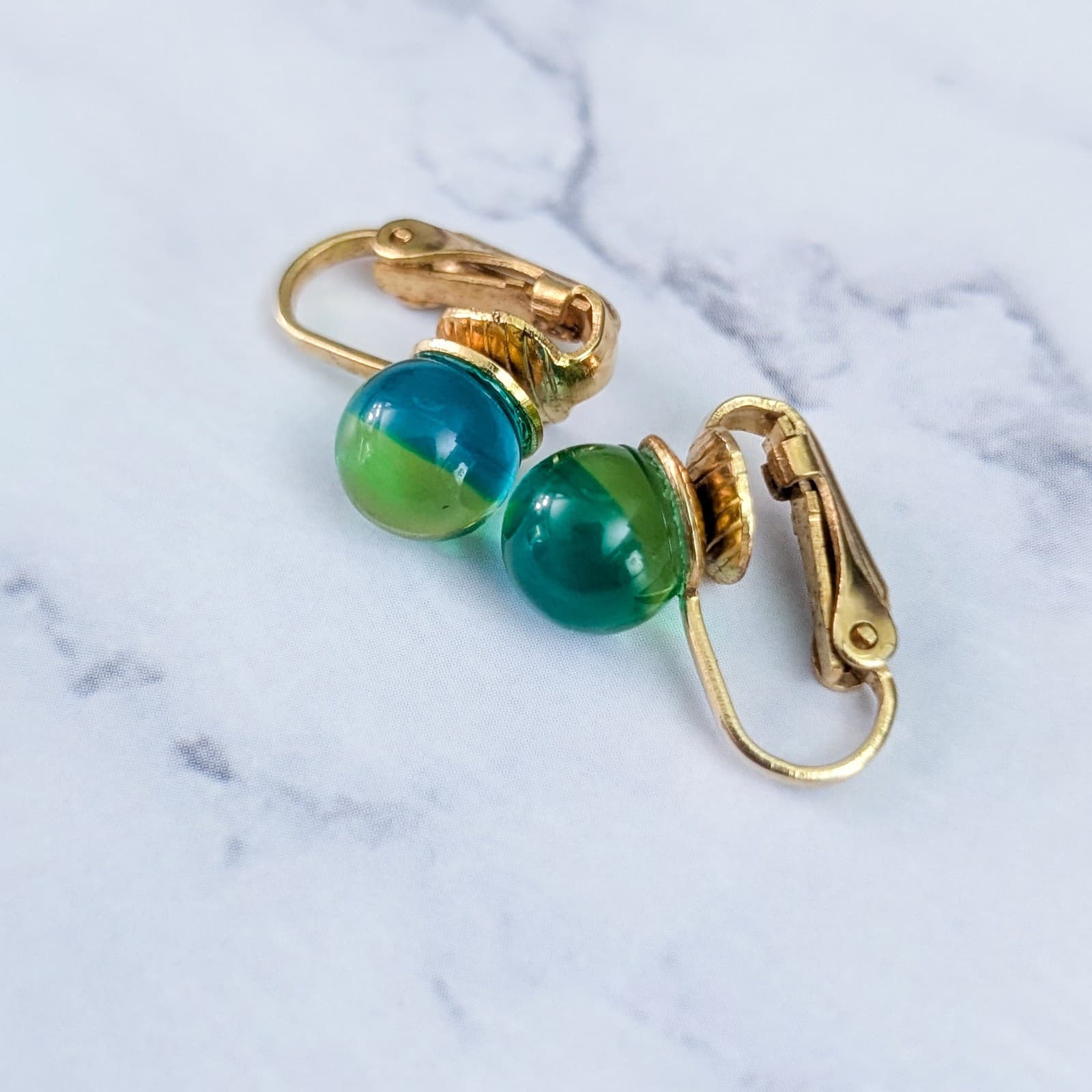 Vintage Clip On Earrings Blue/Green Ball Like