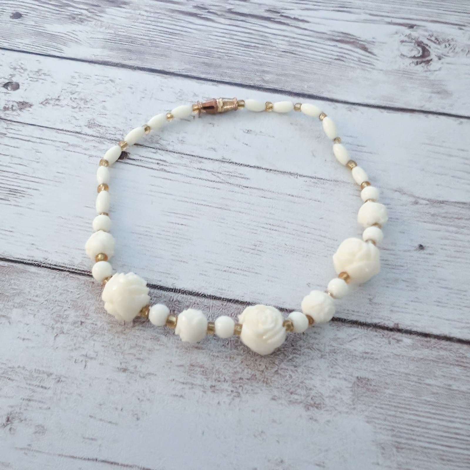 Vintage Bracelet - Cream Carved Beads - Dainty