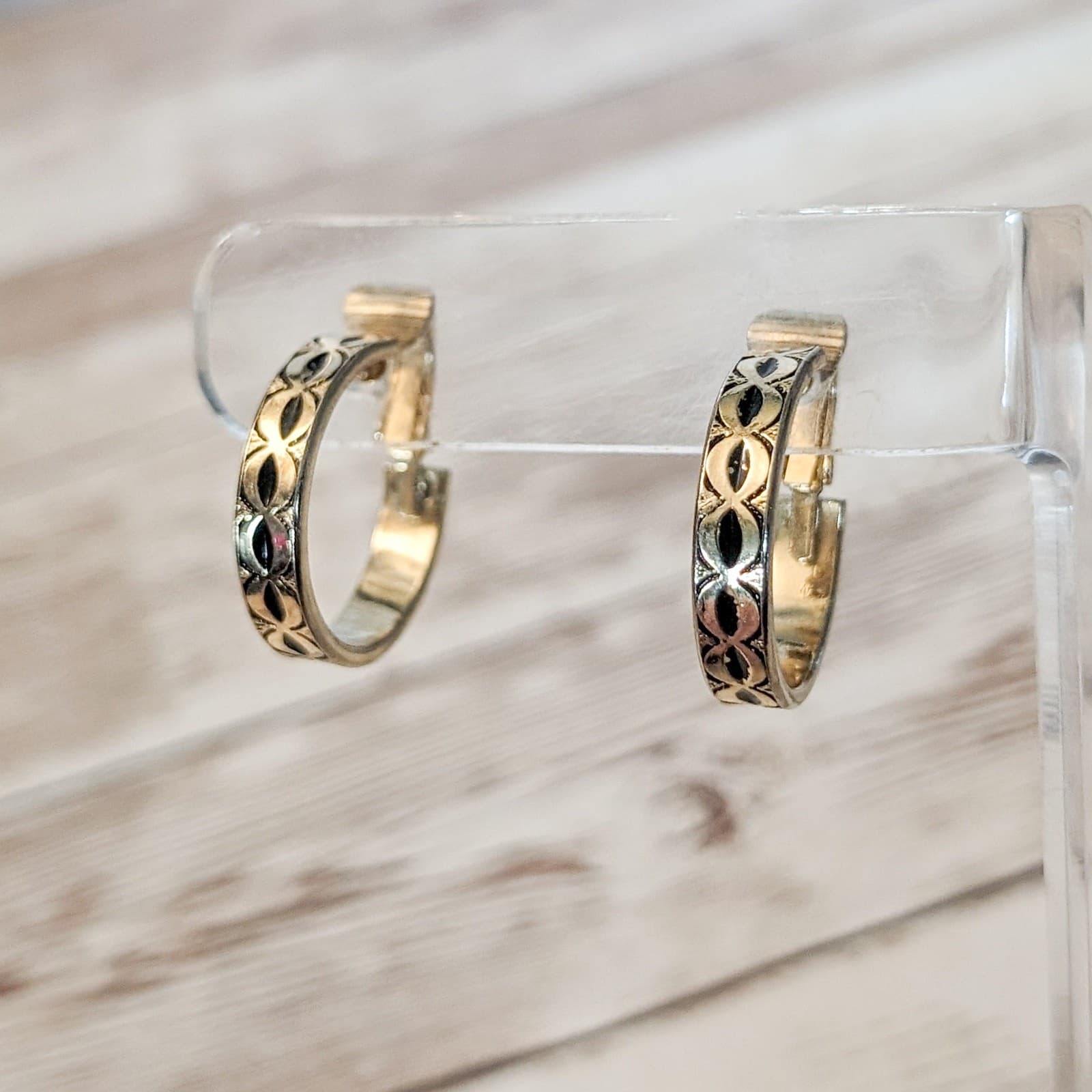 Vintage L H Segal Clip On Earrings - Gold Tone with Black Detail Hoops