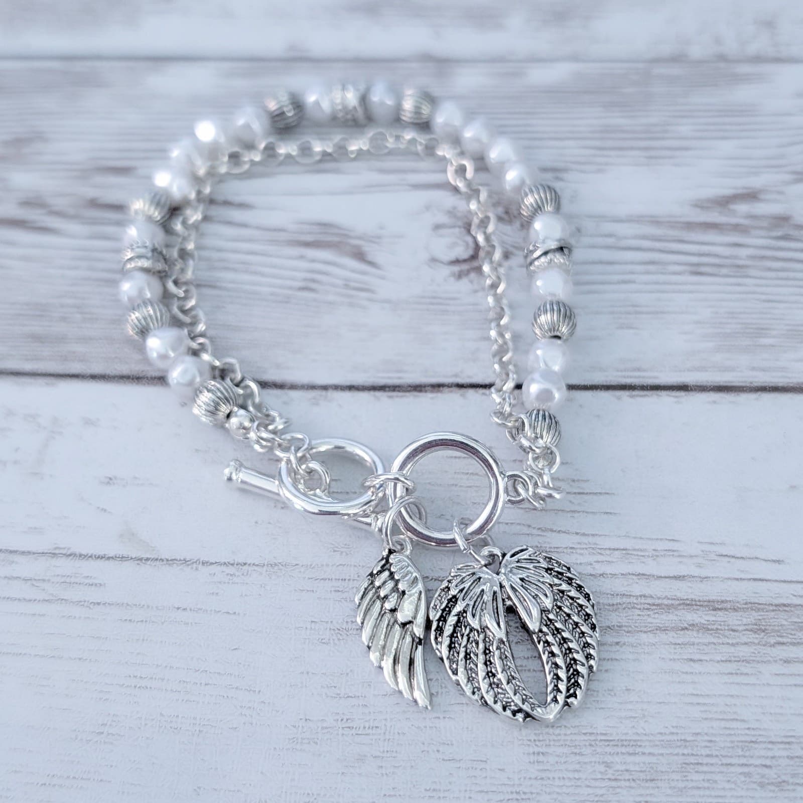 Angel Wings Bracelet - Faux Pearl & Silver Tone