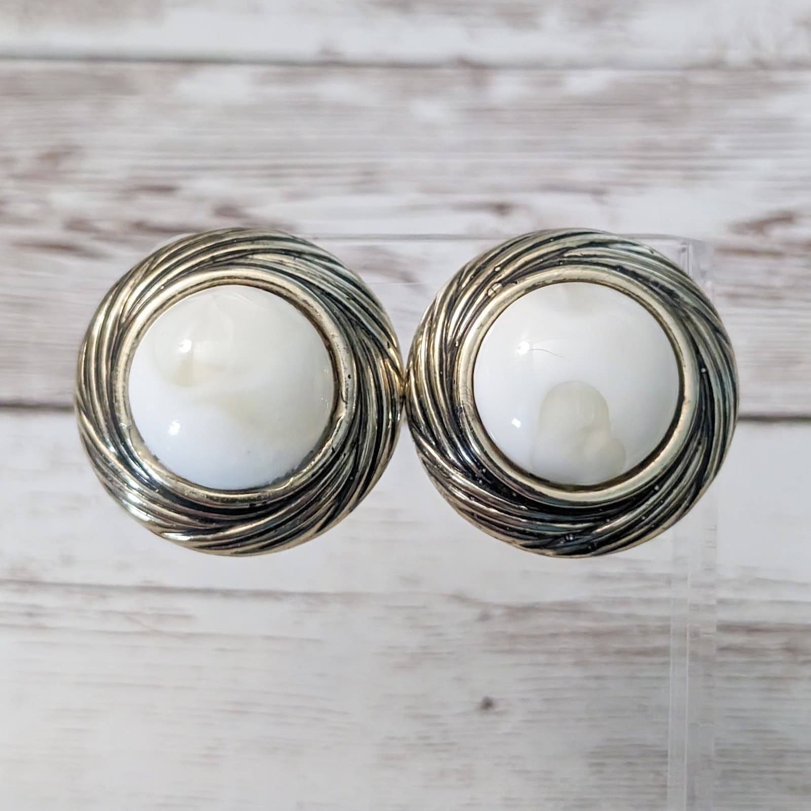 Vintage Clip On Earrings - Large Off White and Gold Tone 1.25"
