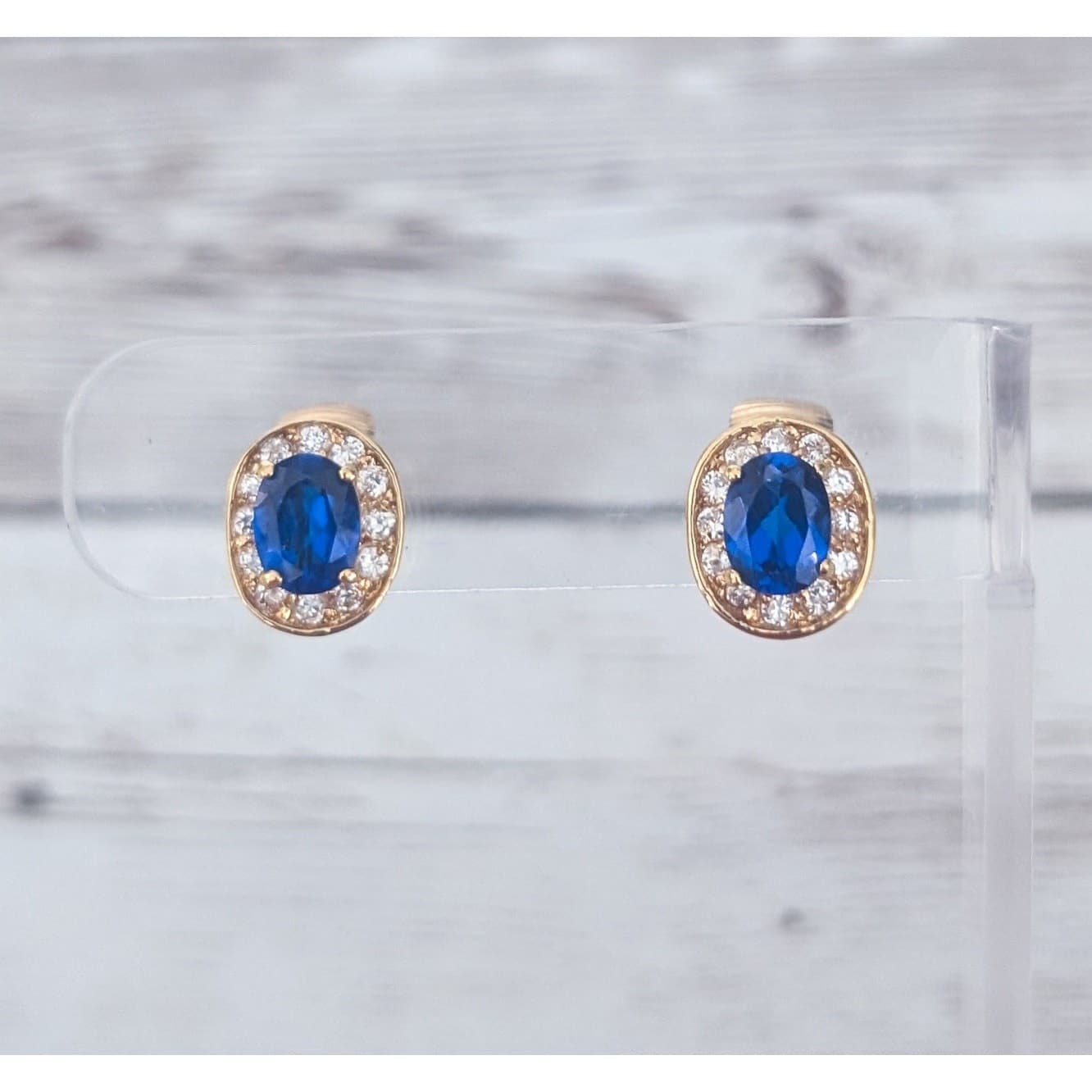 Vintage Clip On Earrings Elegant & Regal Blue & Clear Gem Dainty