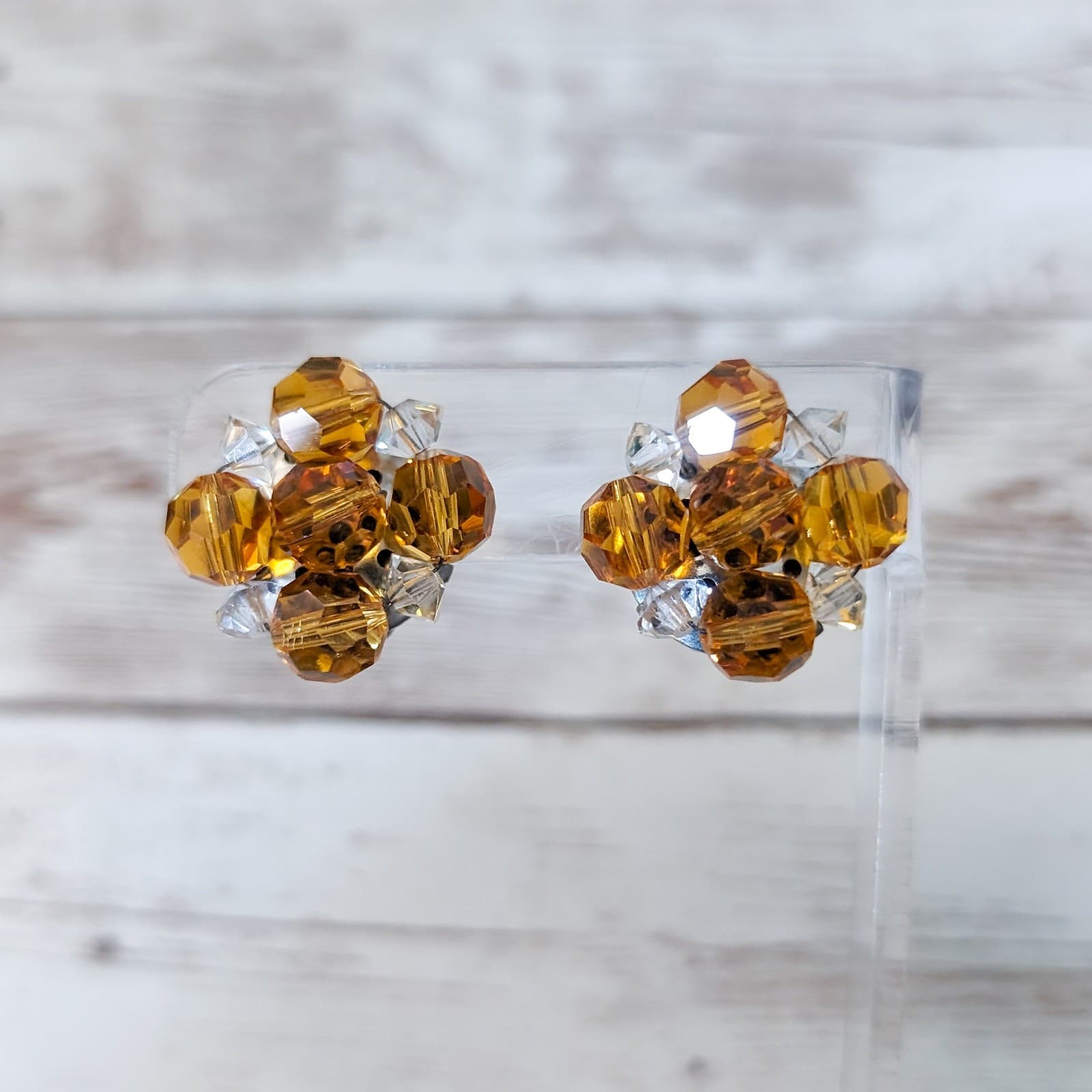 Vintage Clip On Earrings Amber Tone & Clear Beads