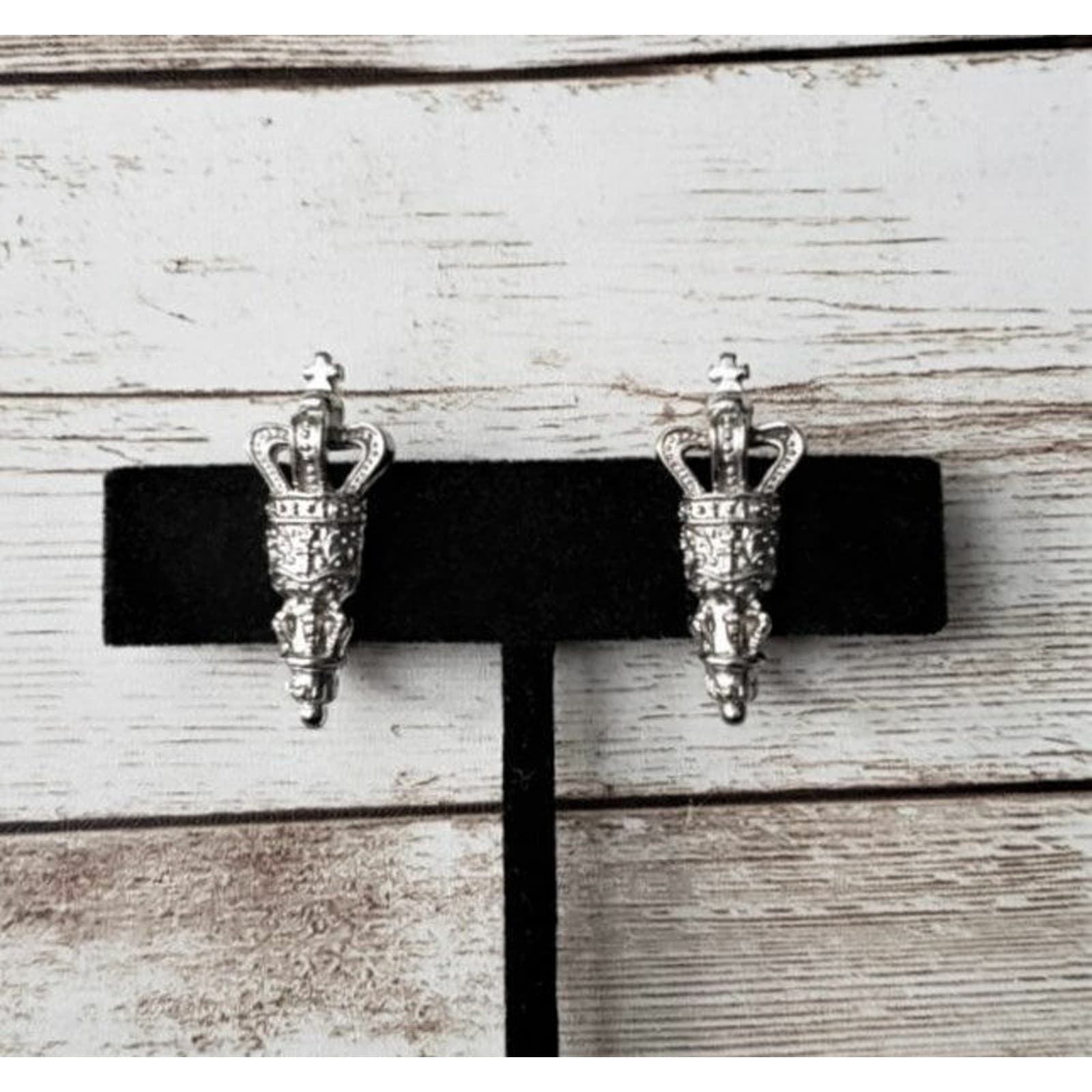 Vintage Clip On Earrings Ornate with Crown Silver Tone